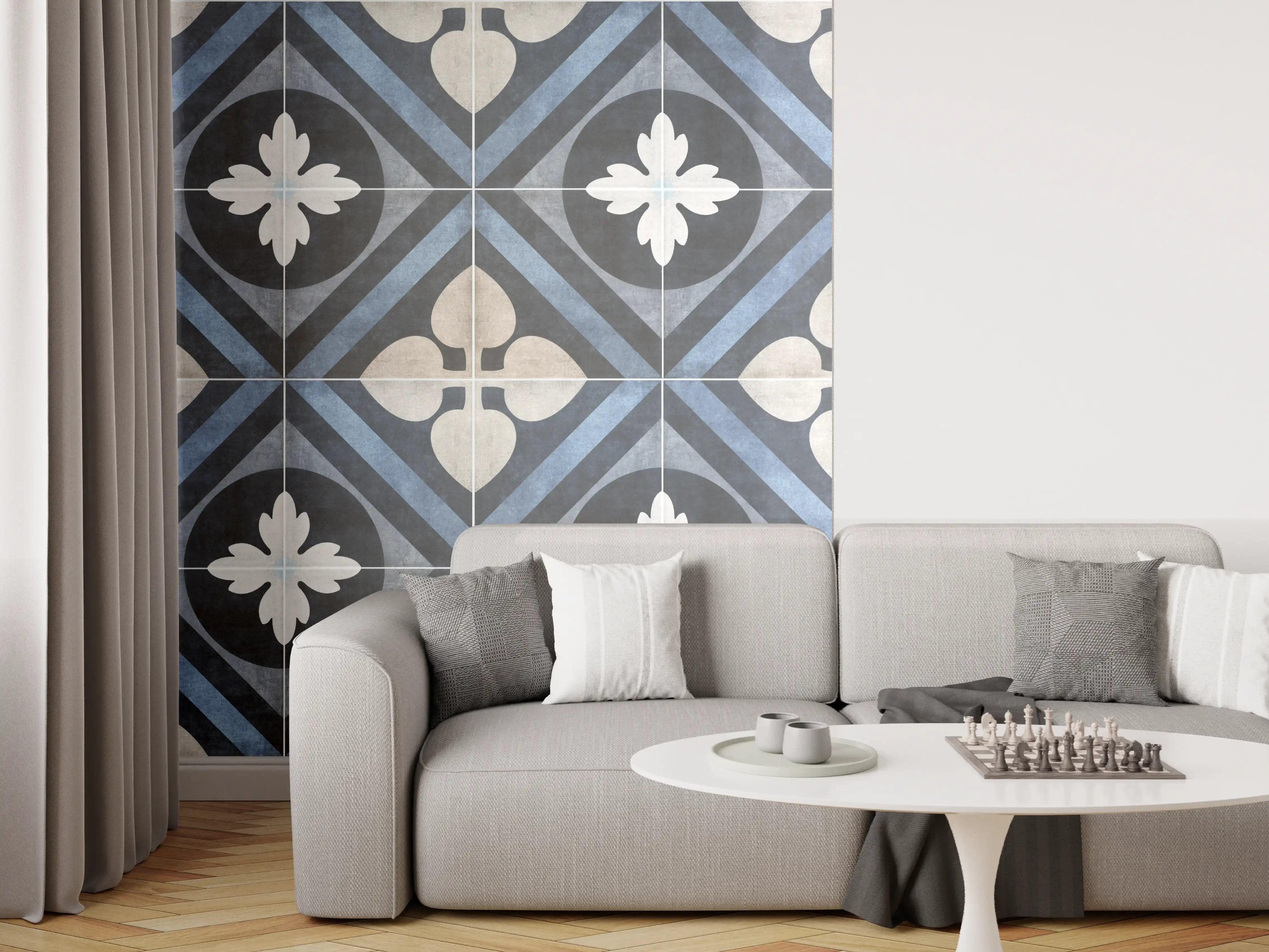 Wandverkleidung Wohnzimmer - Nahtlose blau weiße vintage Fliesen
