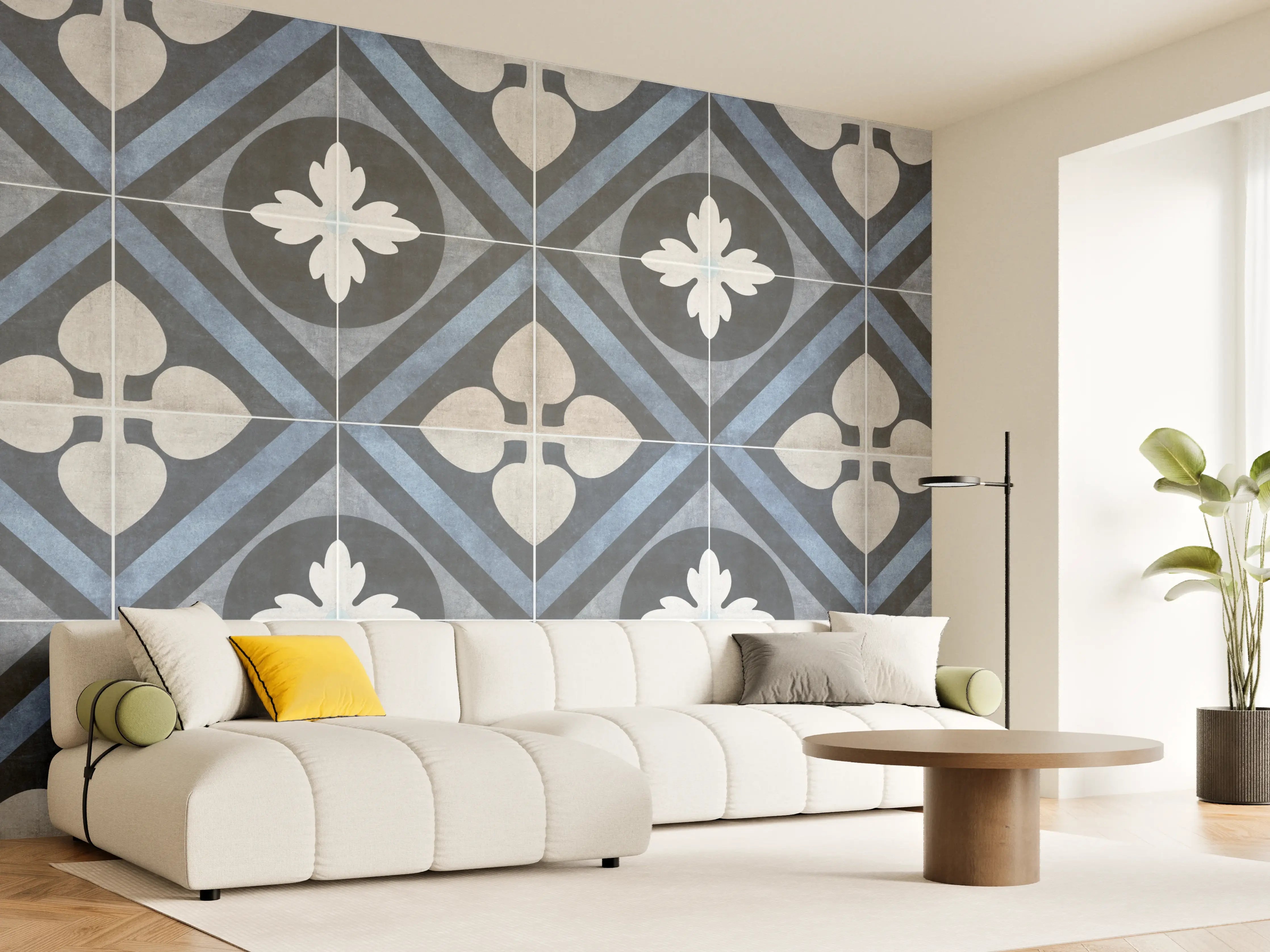 Wandverkleidung Wohnzimmer - Nahtlose blau weiße vintage Fliesen