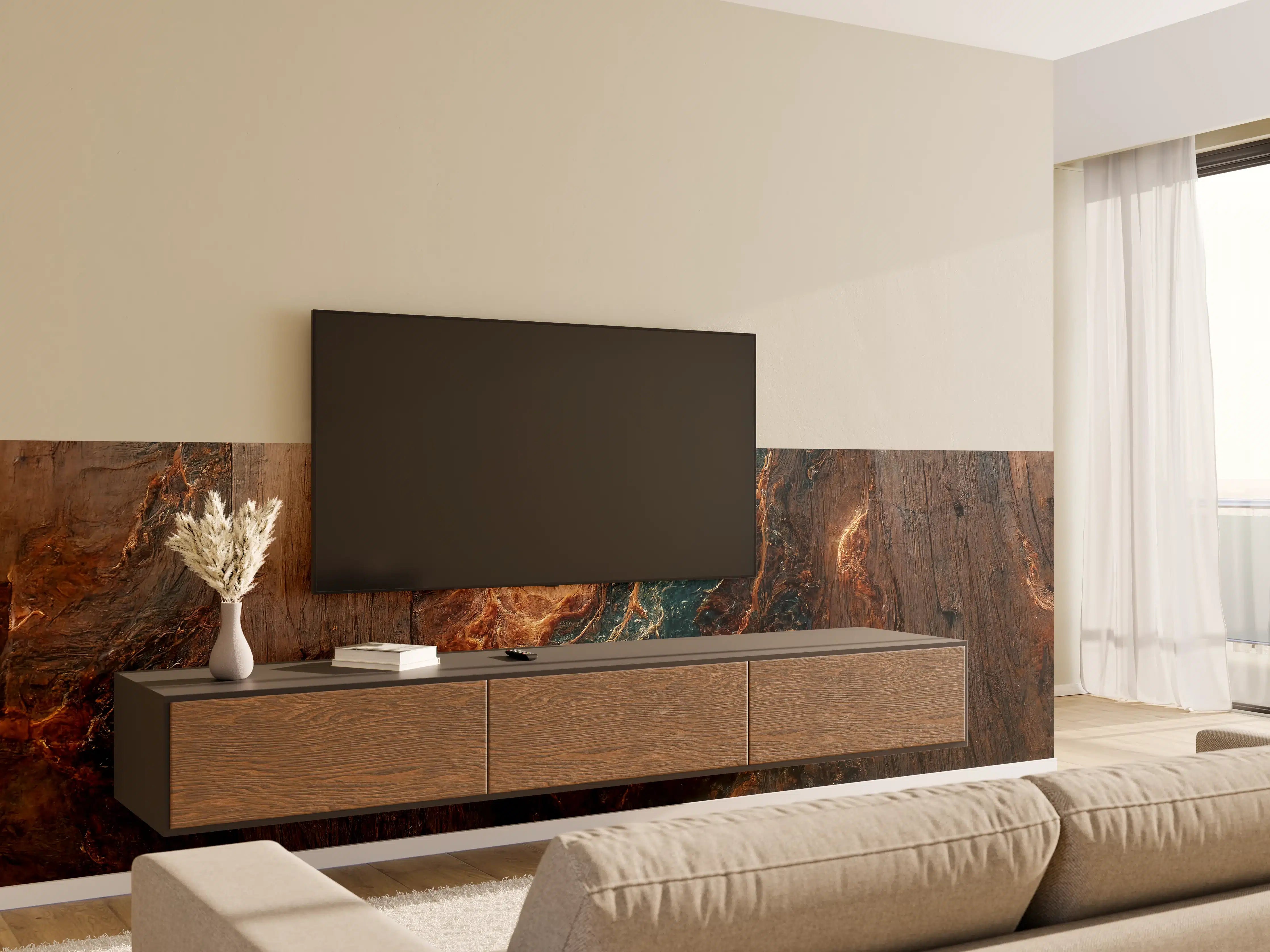 Wandverkleidung Wohnzimmer - Natürliche Holzmaserung mit einzigartigem Muster