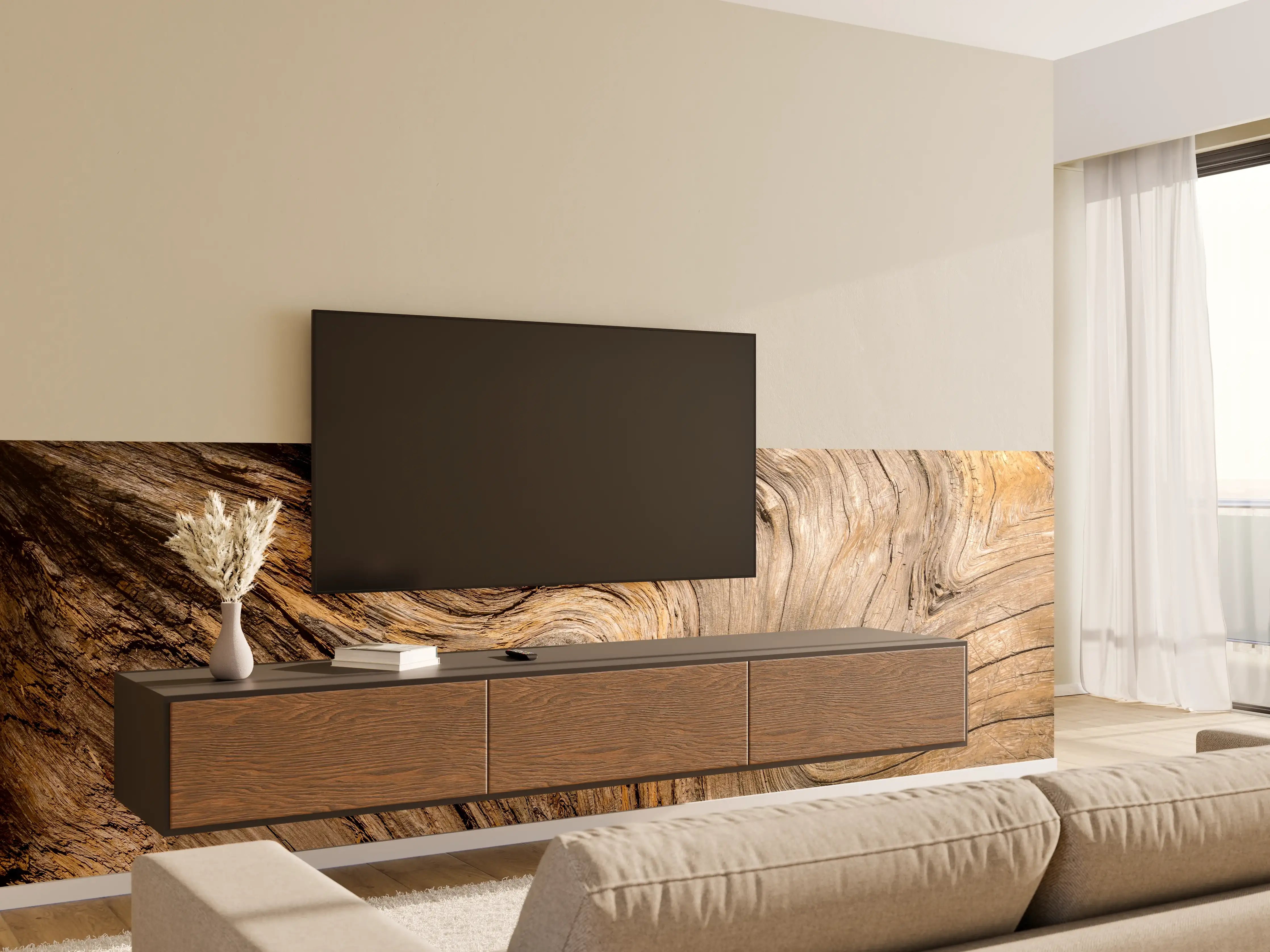 Wandverkleidung Wohnzimmer - Natürliche Holzstruktur mit einzigartigen Maserungen