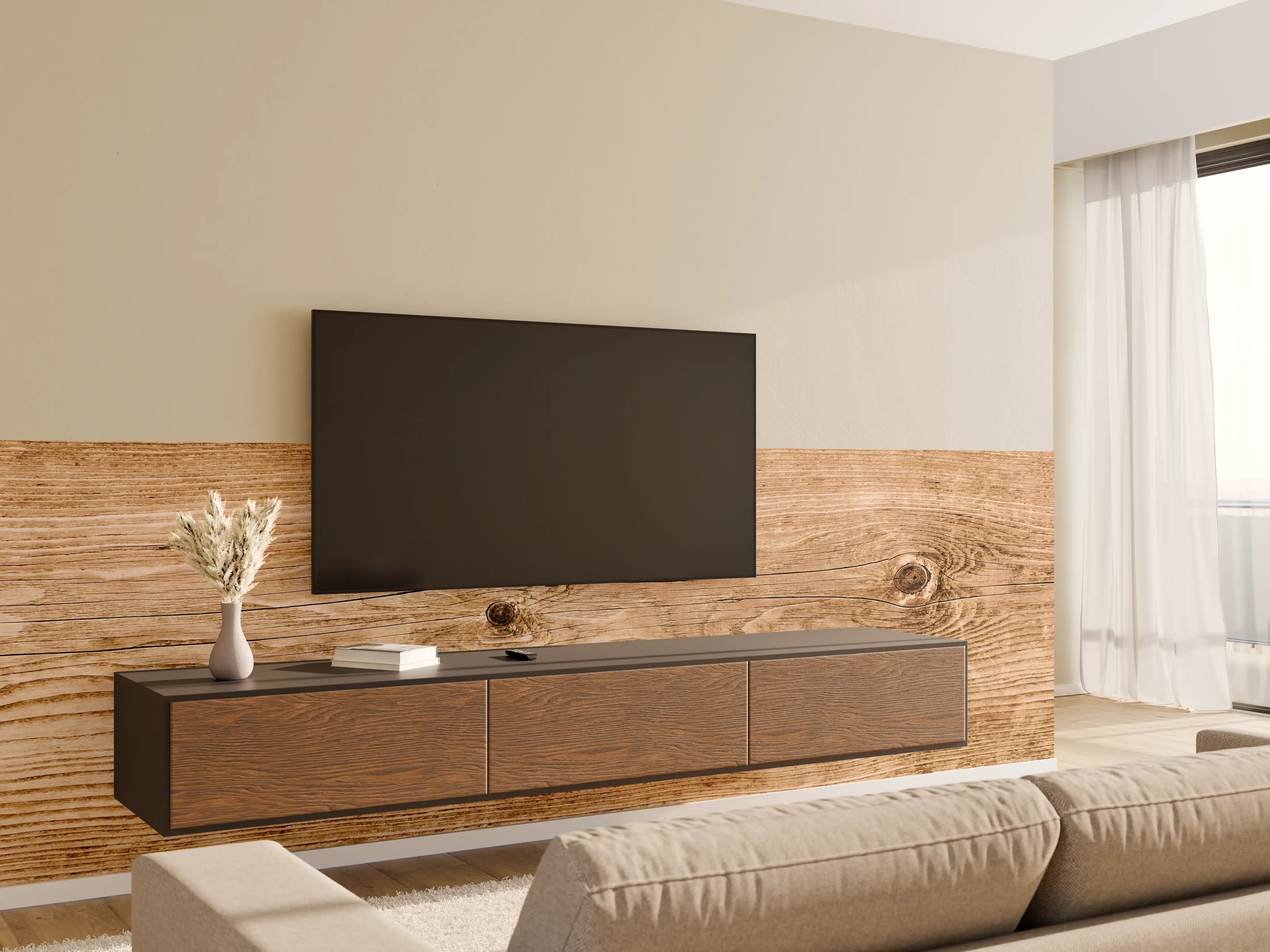 Wandverkleidung Wohnzimmer - Natürliche Holzstruktur mit warmen Tönen