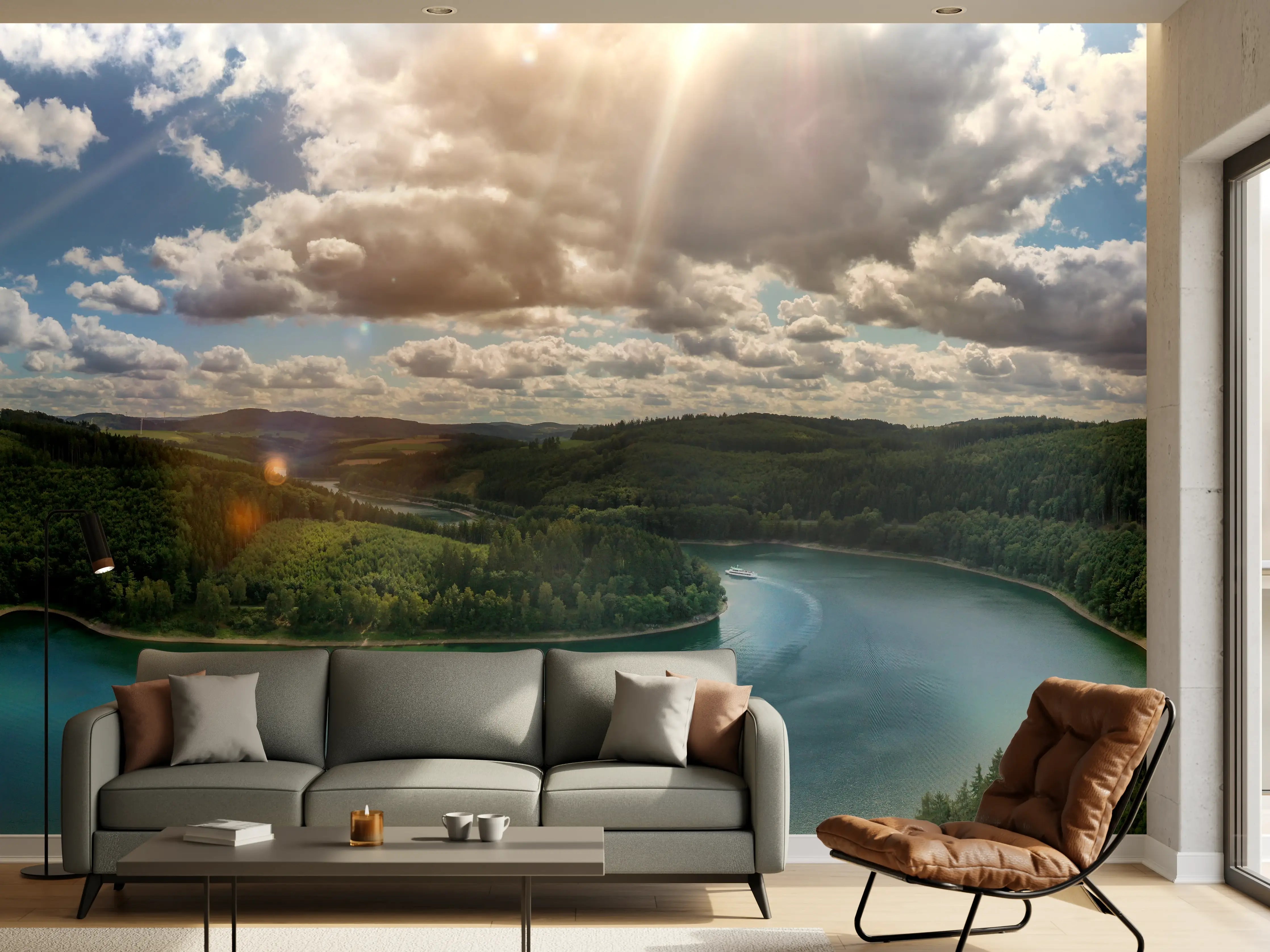 Wandverkleidung Wohnzimmer - Natürliche Seenlandschaft bei Sonnenlicht