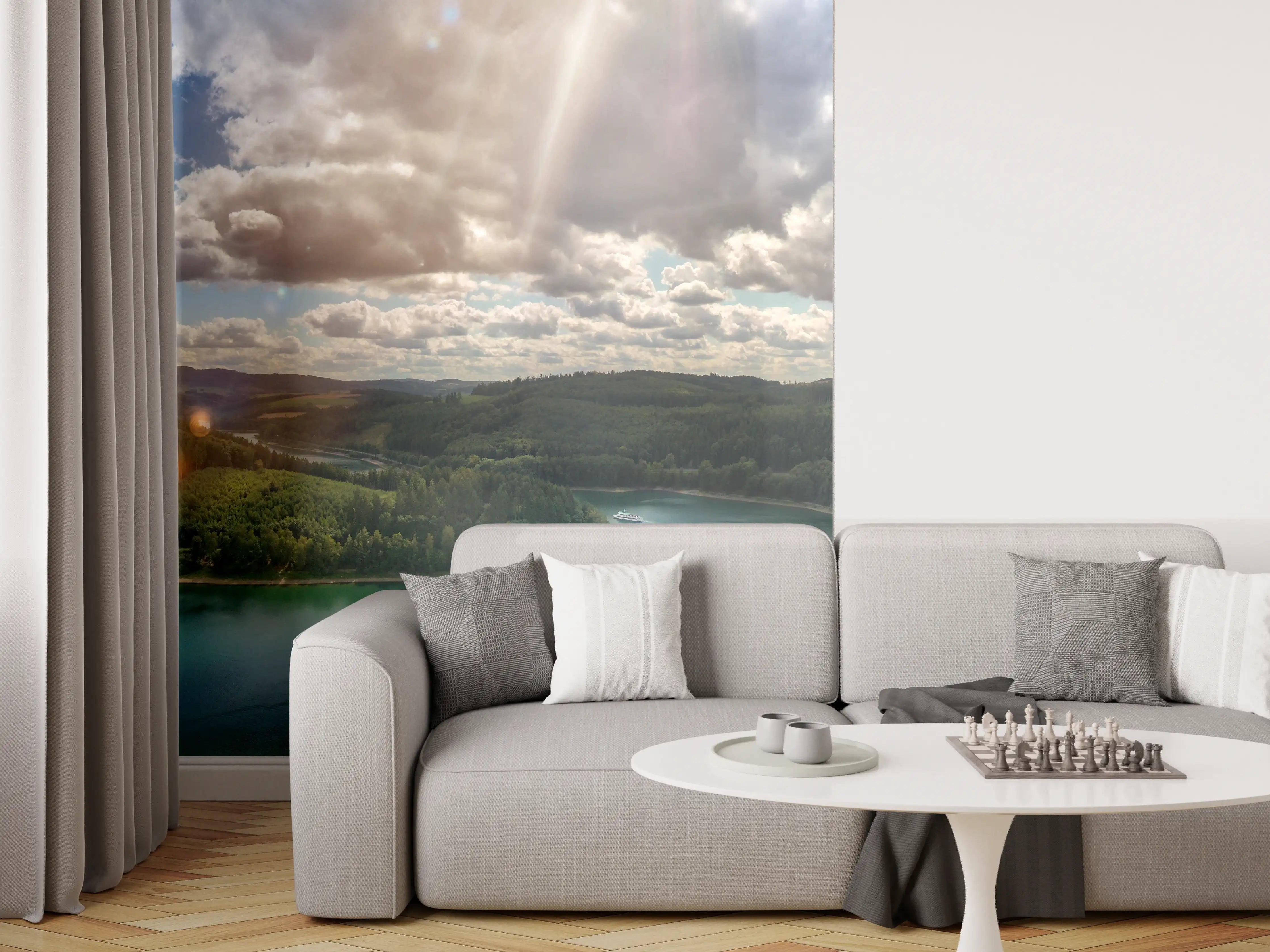 Wandverkleidung Wohnzimmer - Natürliche Seenlandschaft bei Sonnenlicht