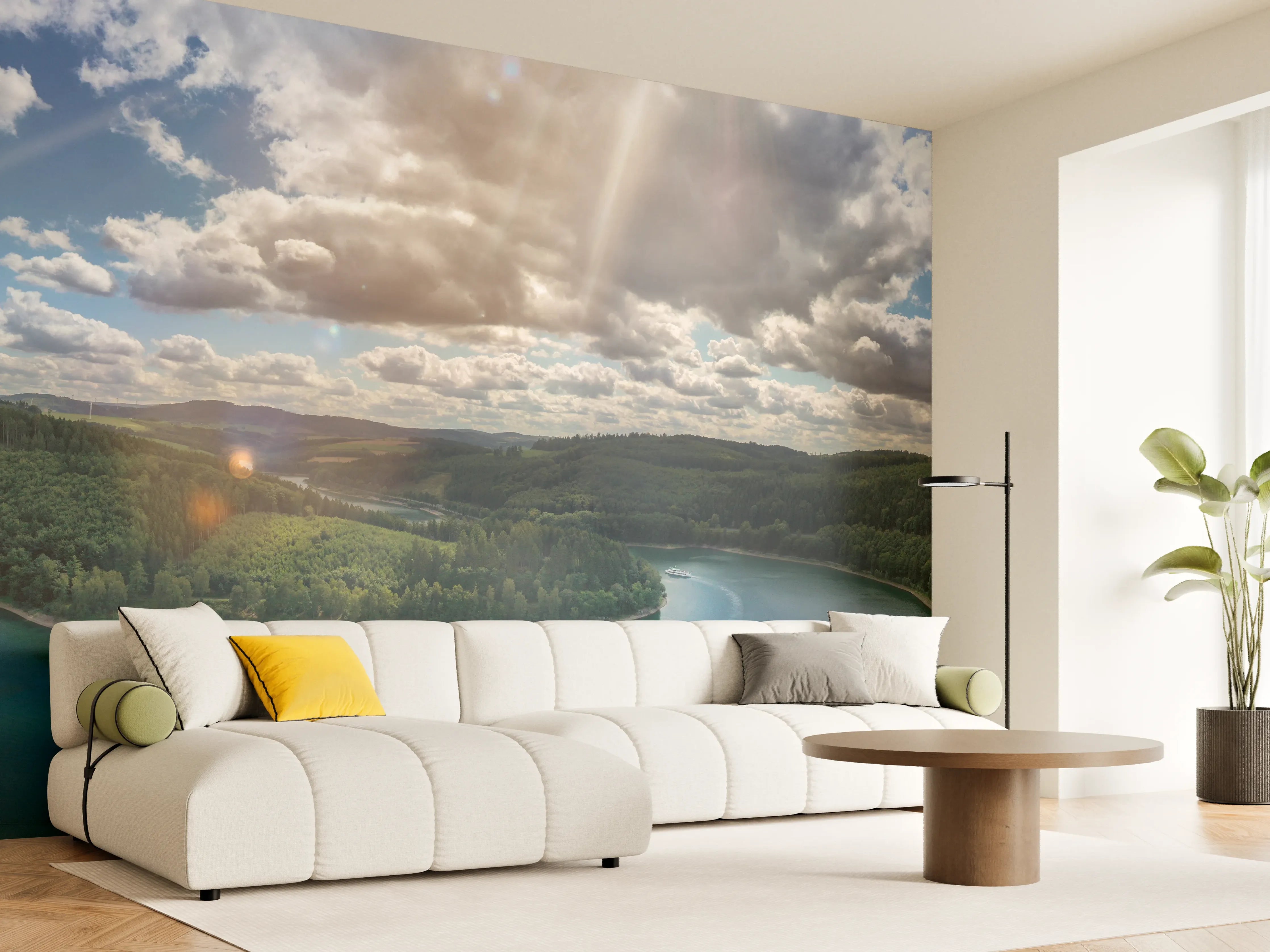 Wandverkleidung Wohnzimmer - Natürliche Seenlandschaft bei Sonnenlicht
