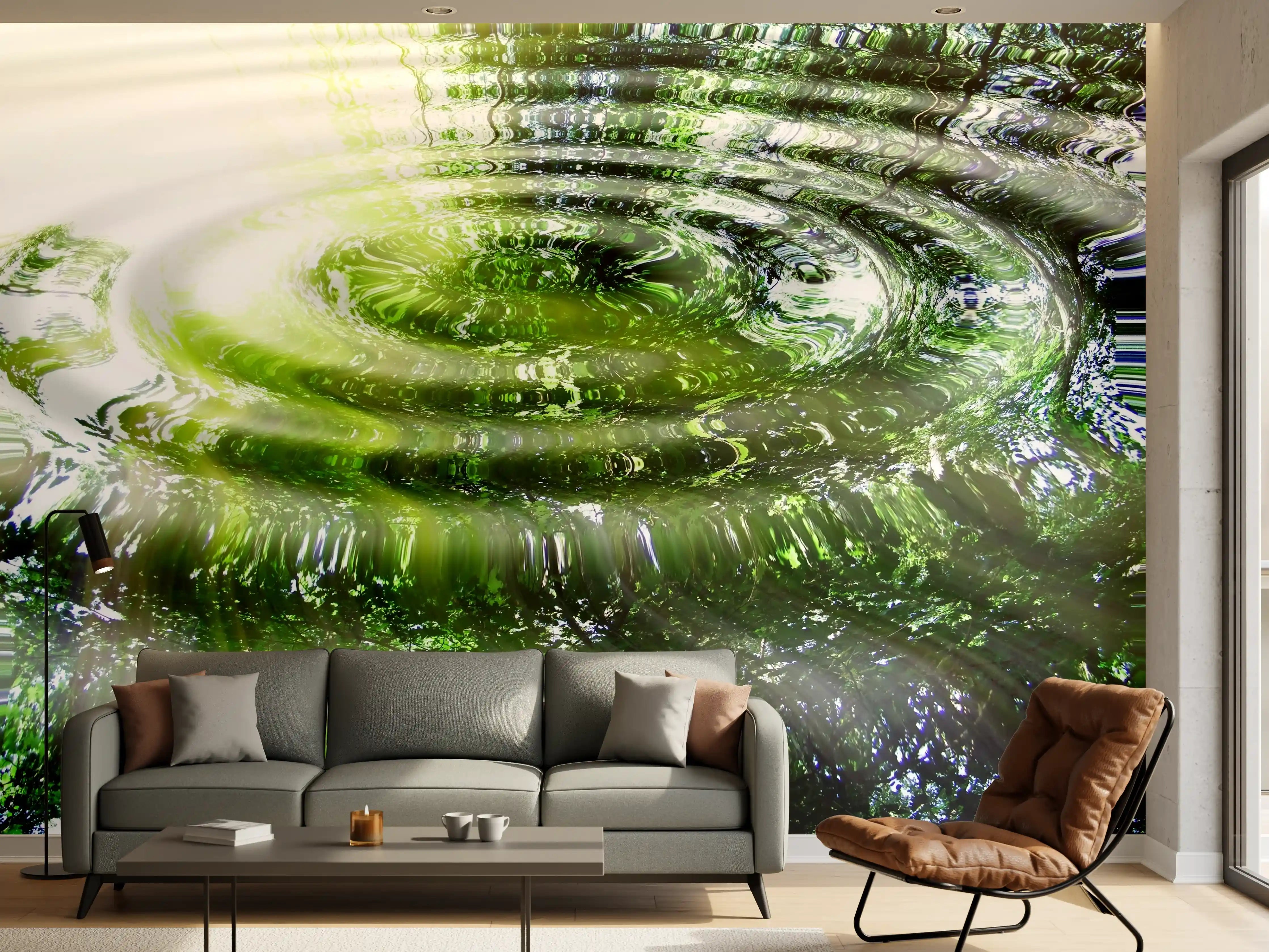 Wandverkleidung Wohnzimmer - Natürliche Wasserreflexionen in Grünschattierung