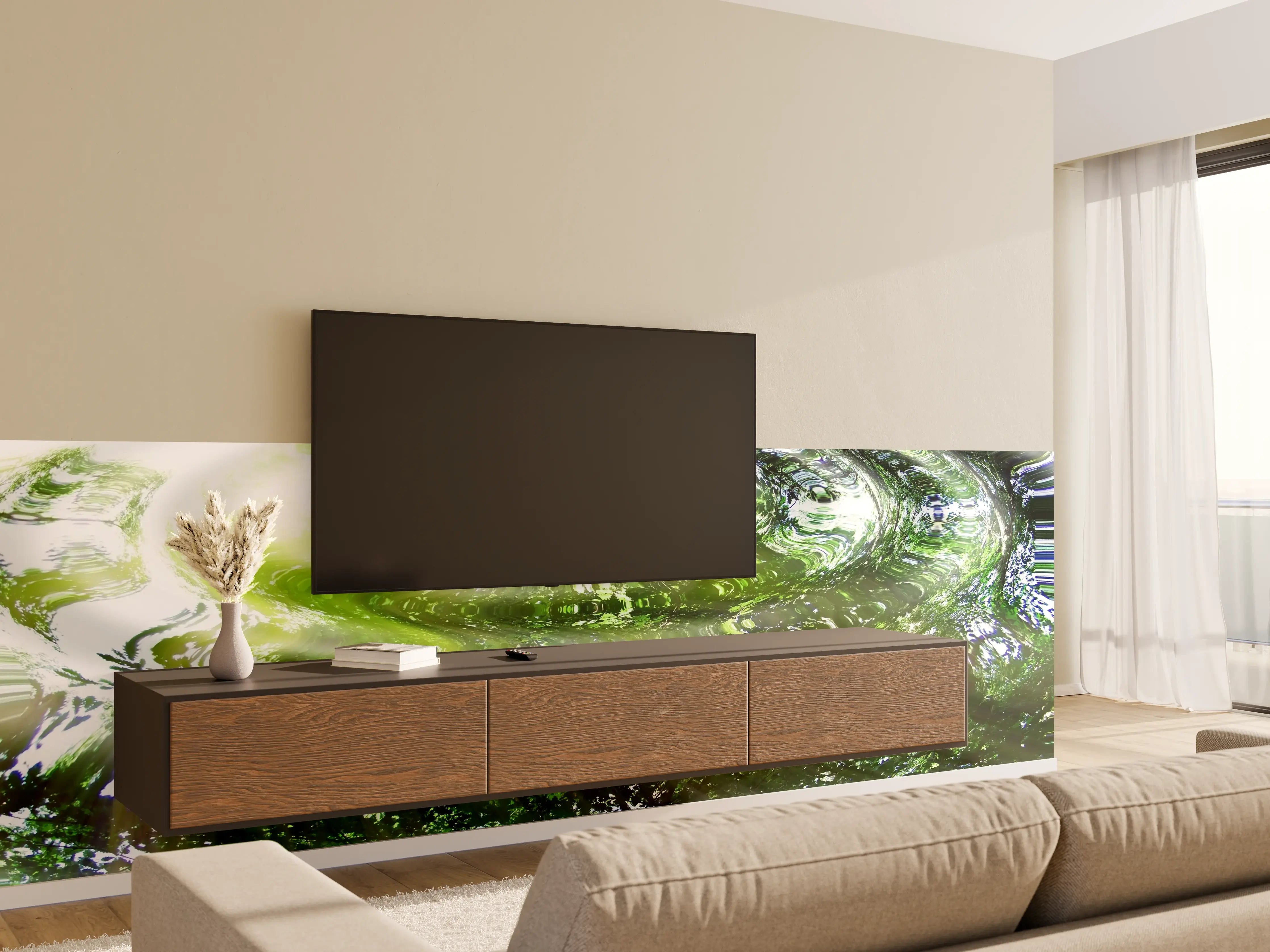 Wandverkleidung Wohnzimmer - Natürliche Wasserreflexionen in Grünschattierung