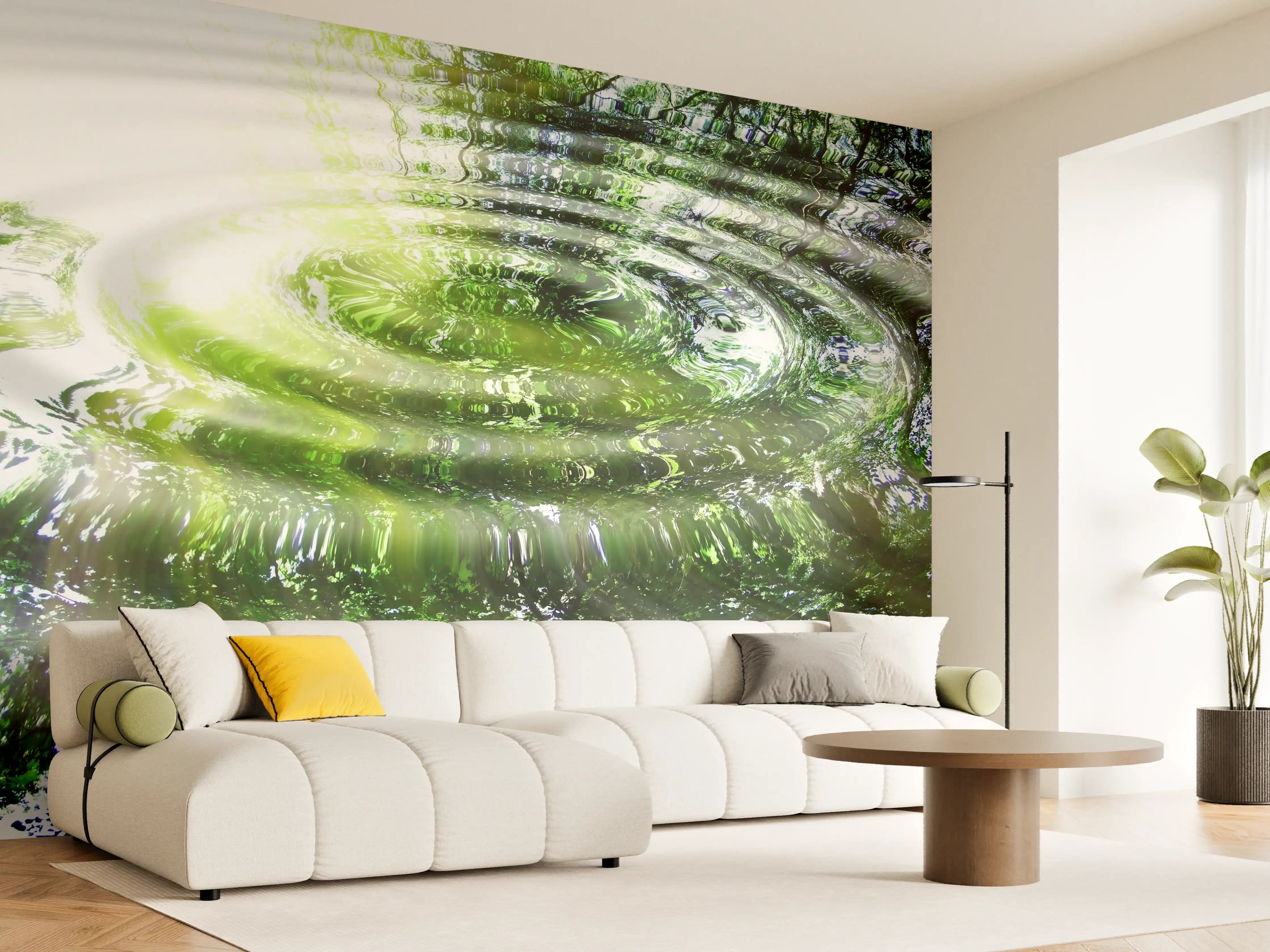 Wandverkleidung Wohnzimmer - Natürliche Wasserreflexionen in Grünschattierung