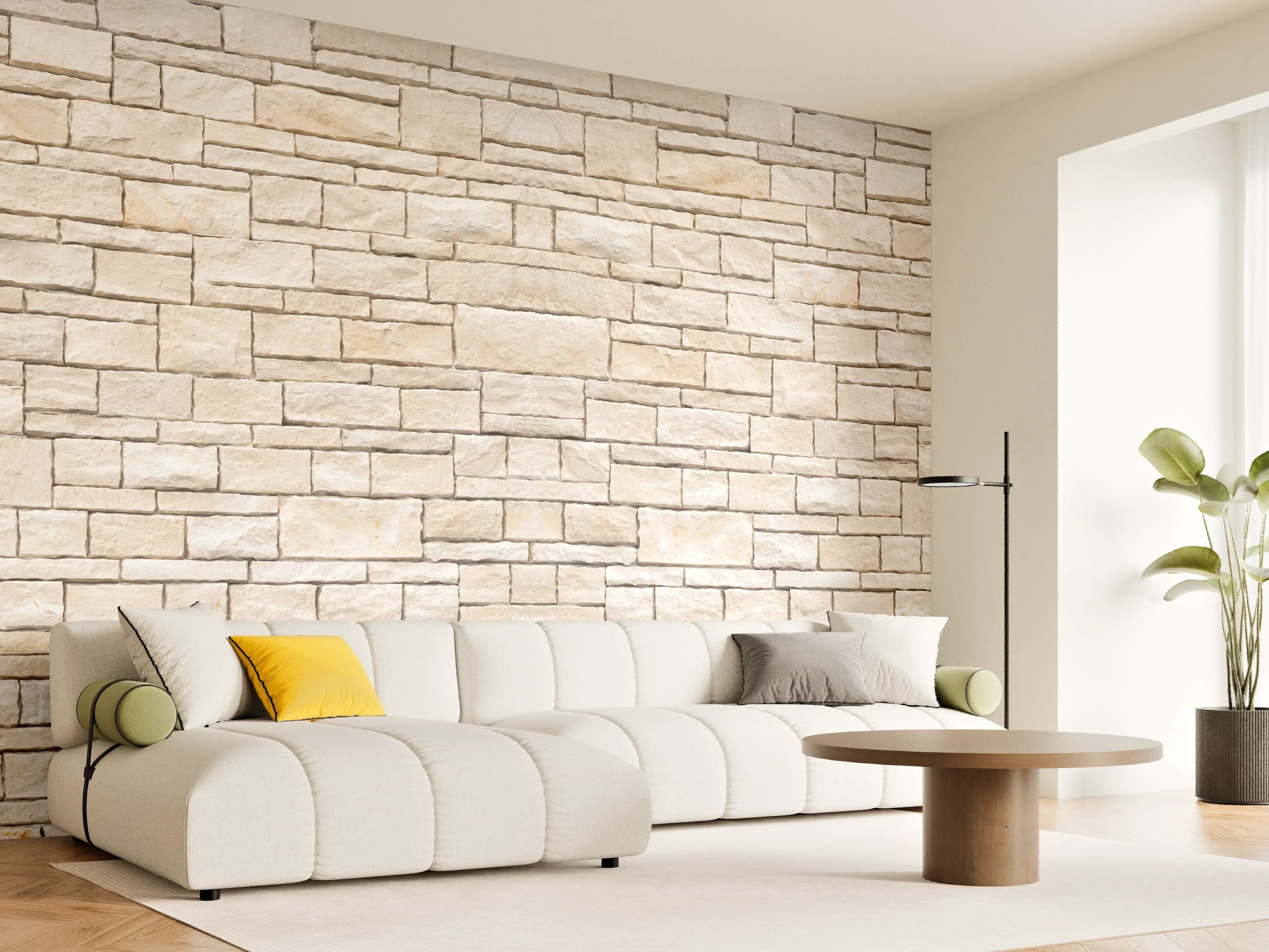 Wandverkleidung Wohnzimmer - Natürliche beige Ziegelwand