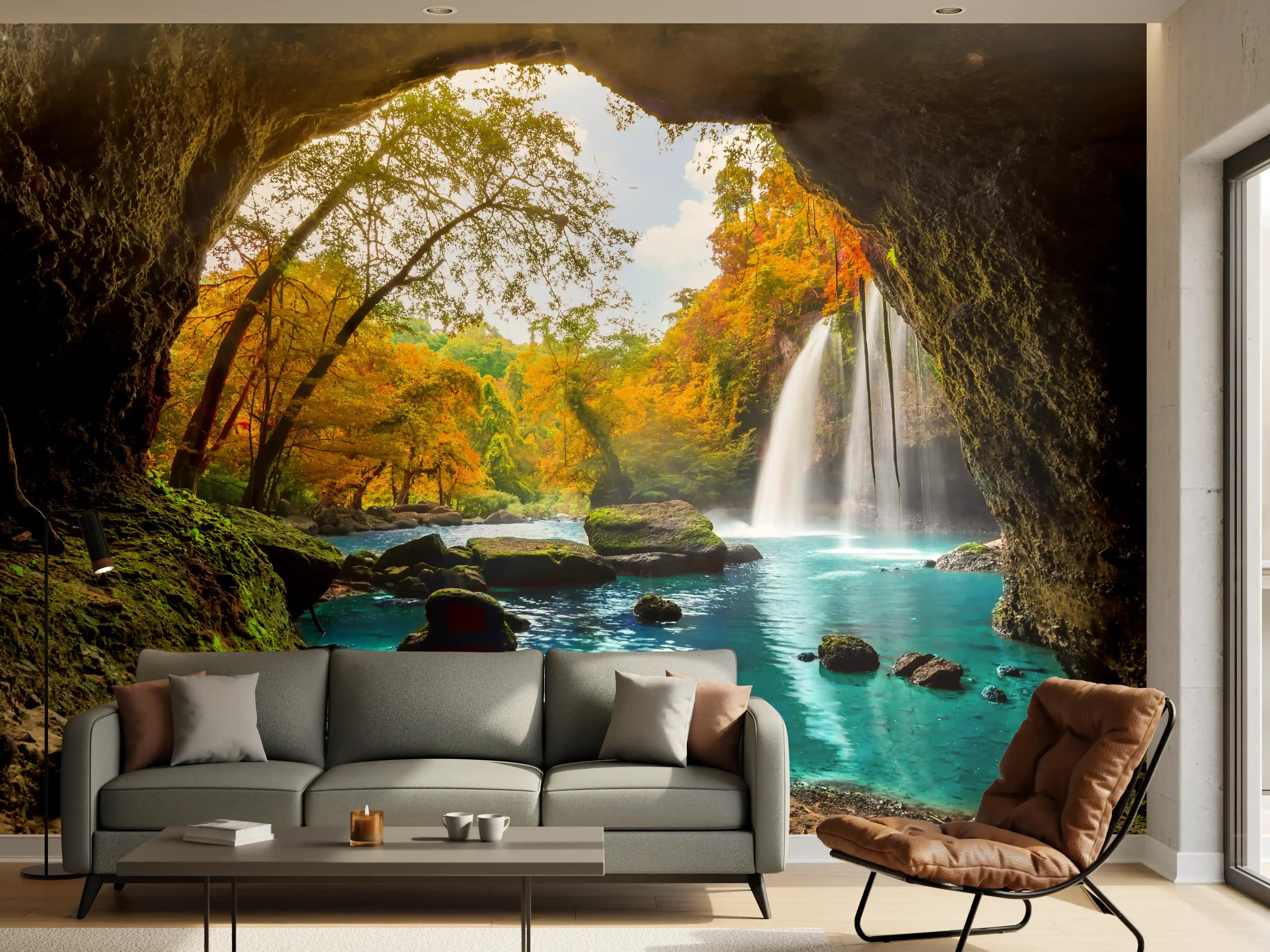 Wandverkleidung Wohnzimmer - Natürliches Wasserfall-Paradies