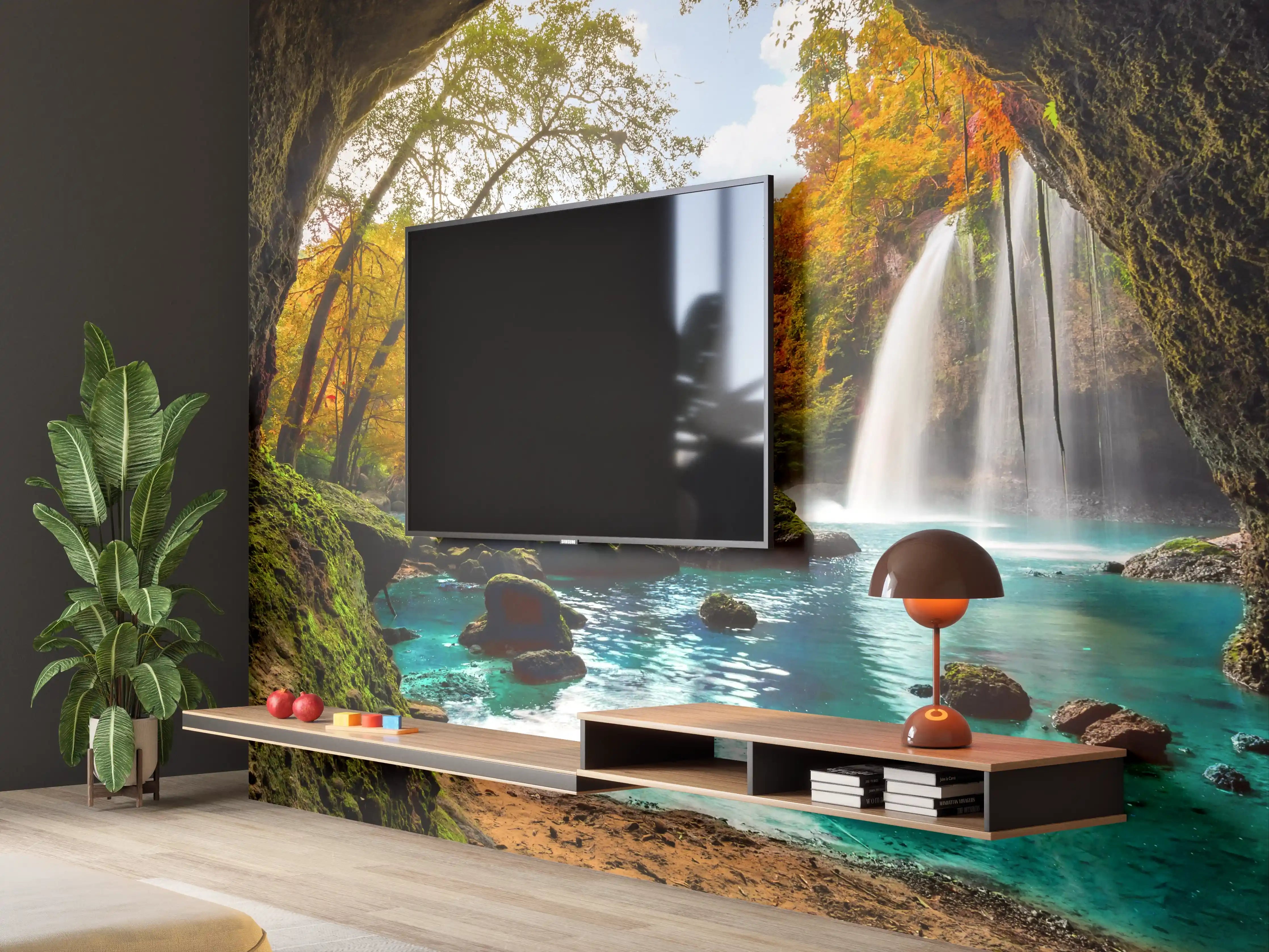 Wandverkleidung Wohnzimmer - Natürliches Wasserfall-Paradies