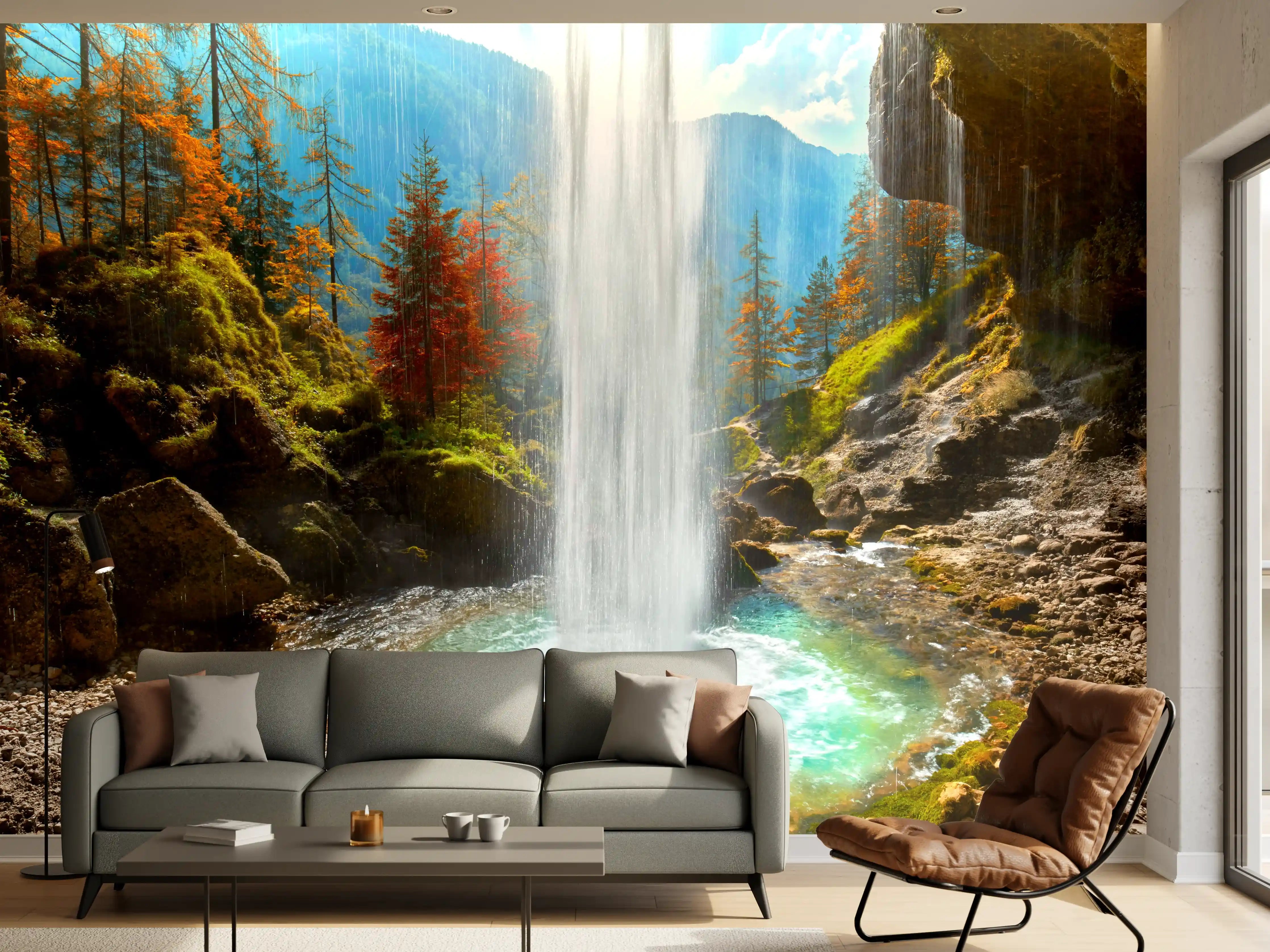 Wandverkleidung Wohnzimmer - Natur pur: Wasserfall in beeindruckender Landschaft