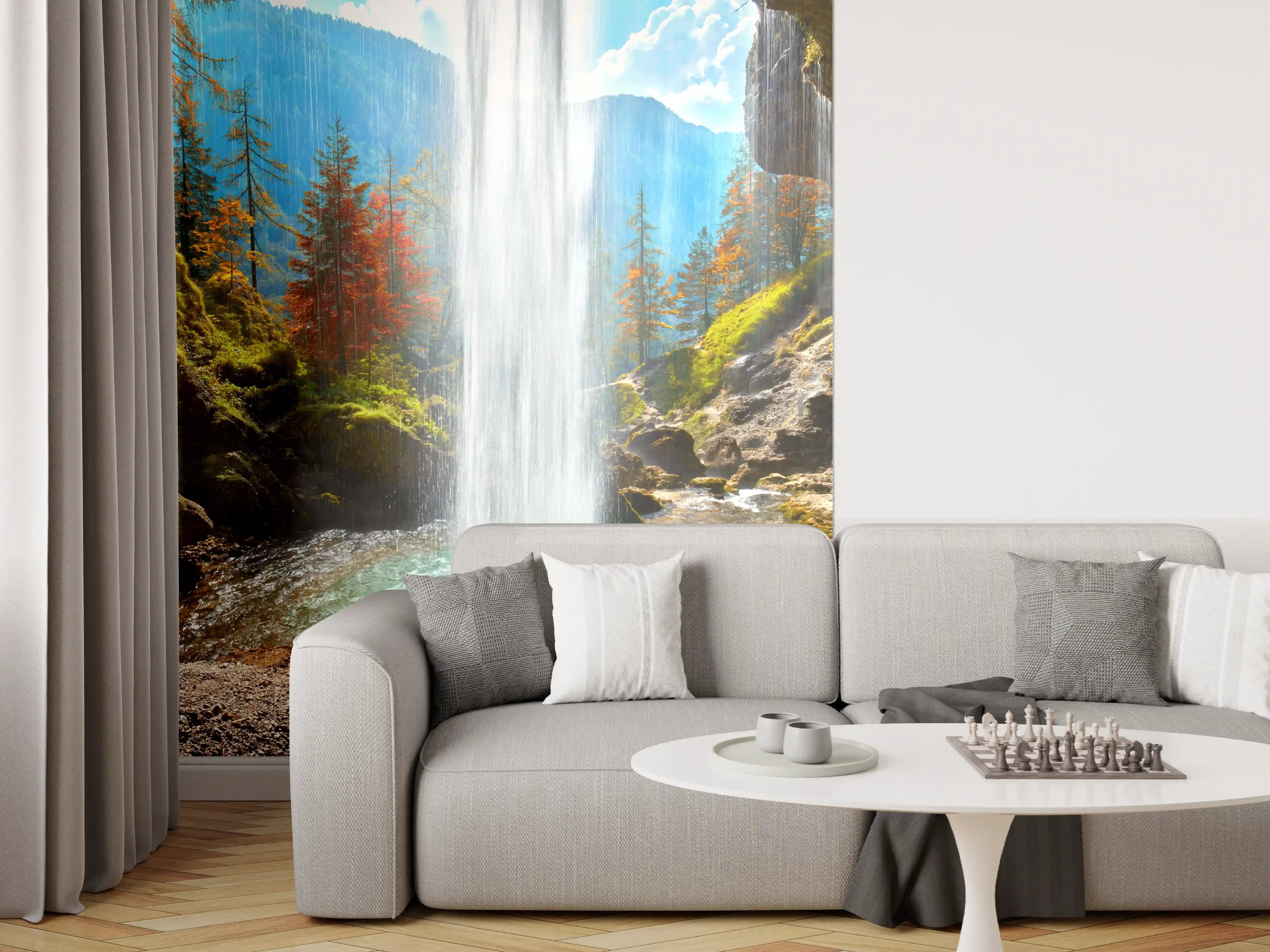 Wandverkleidung Wohnzimmer - Natur pur: Wasserfall in beeindruckender Landschaft