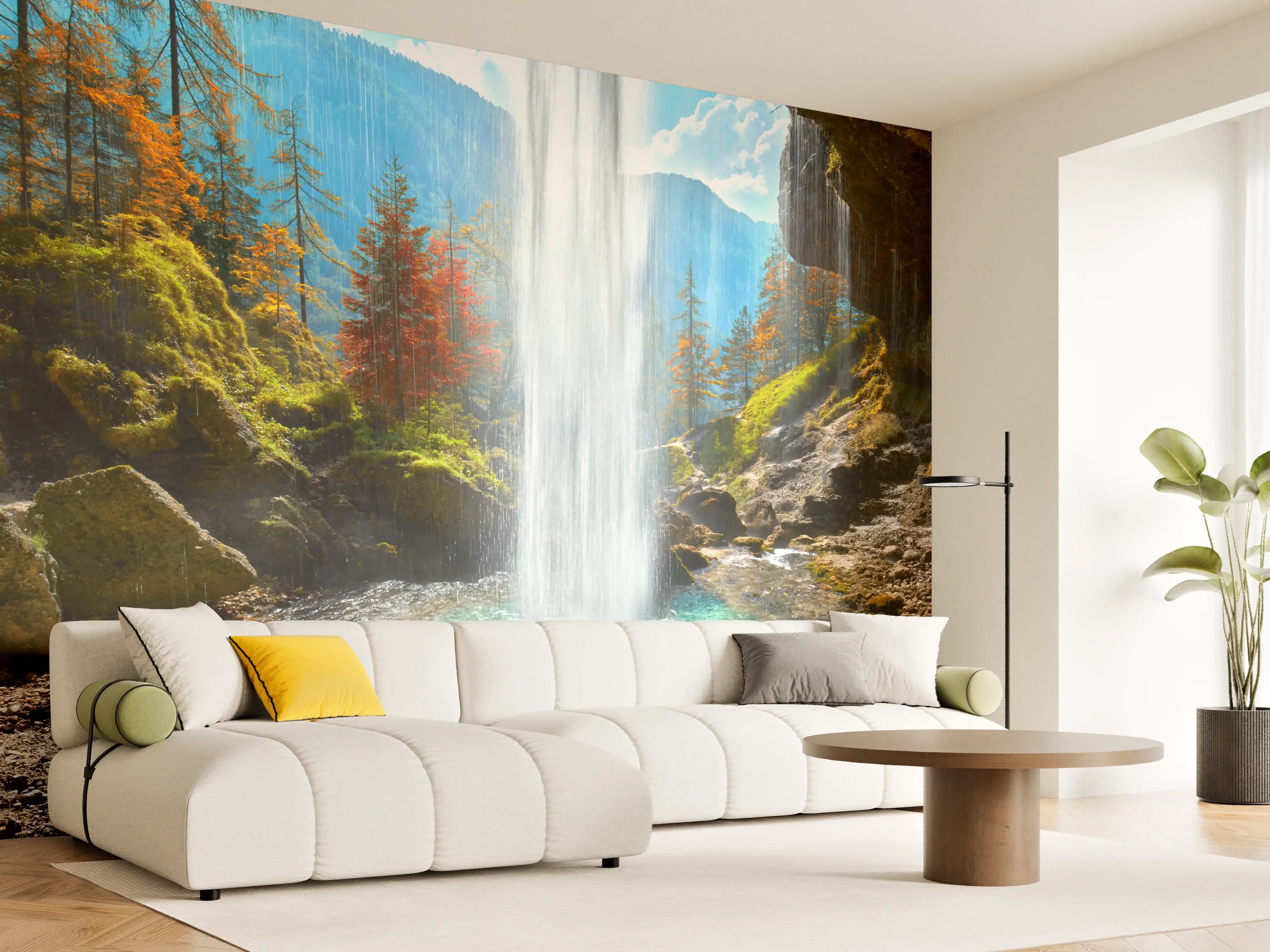 Wandverkleidung Wohnzimmer - Natur pur: Wasserfall in beeindruckender Landschaft