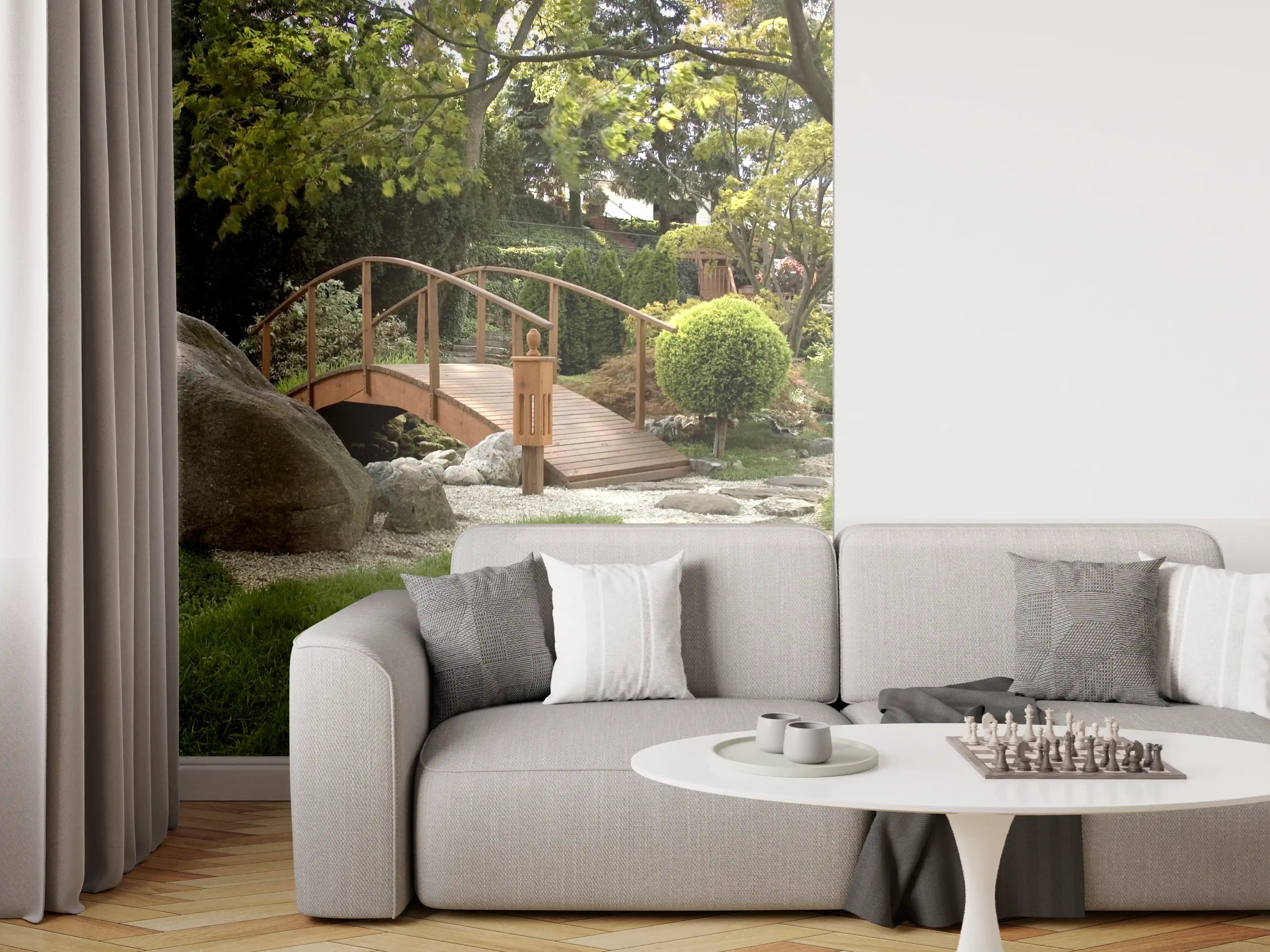 Wandverkleidung Wohnzimmer - Naturgarten mit Steinen und Brücke