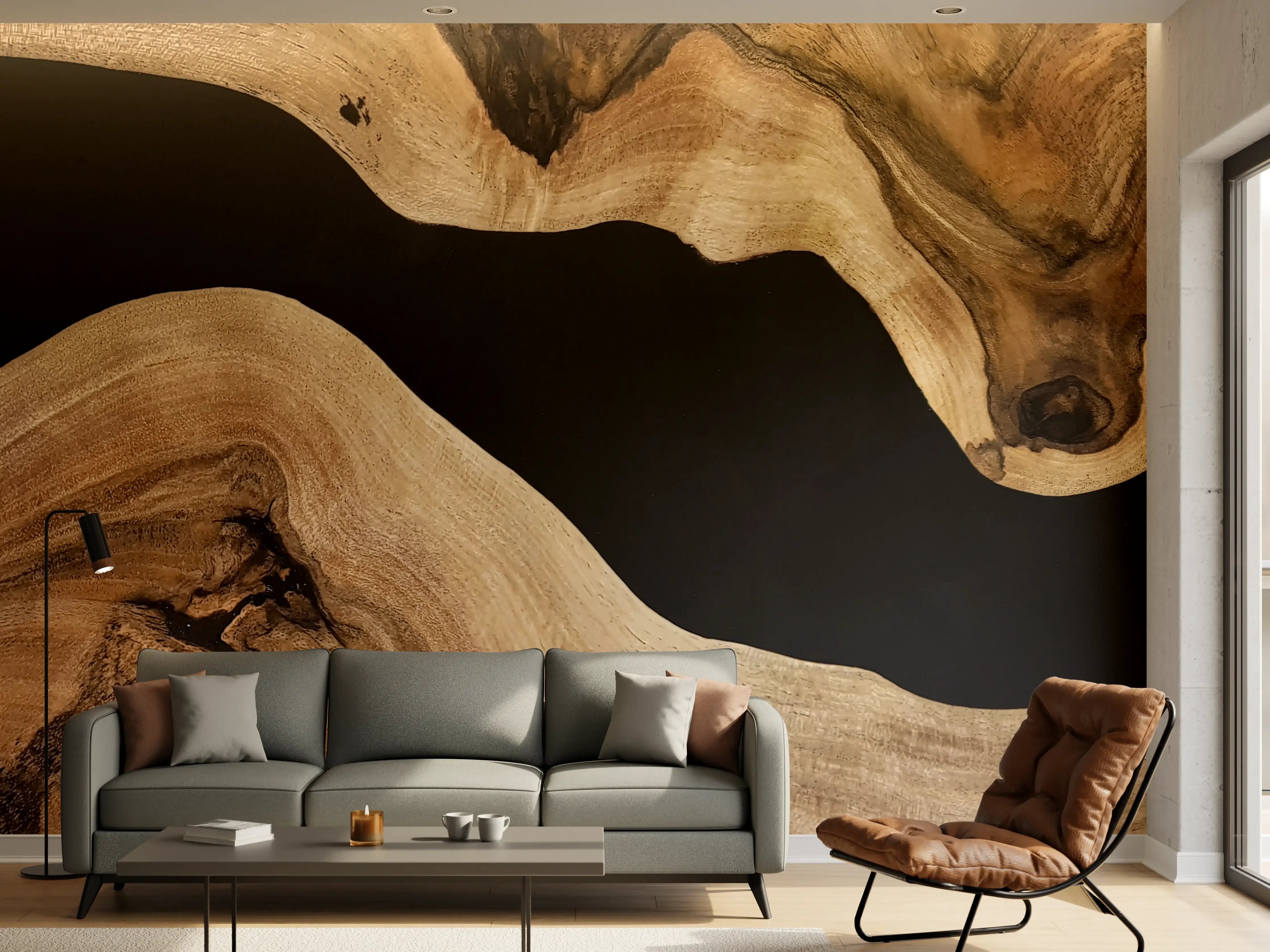 Wandverkleidung Wohnzimmer - Naturholz mit dunklem Hintergrund