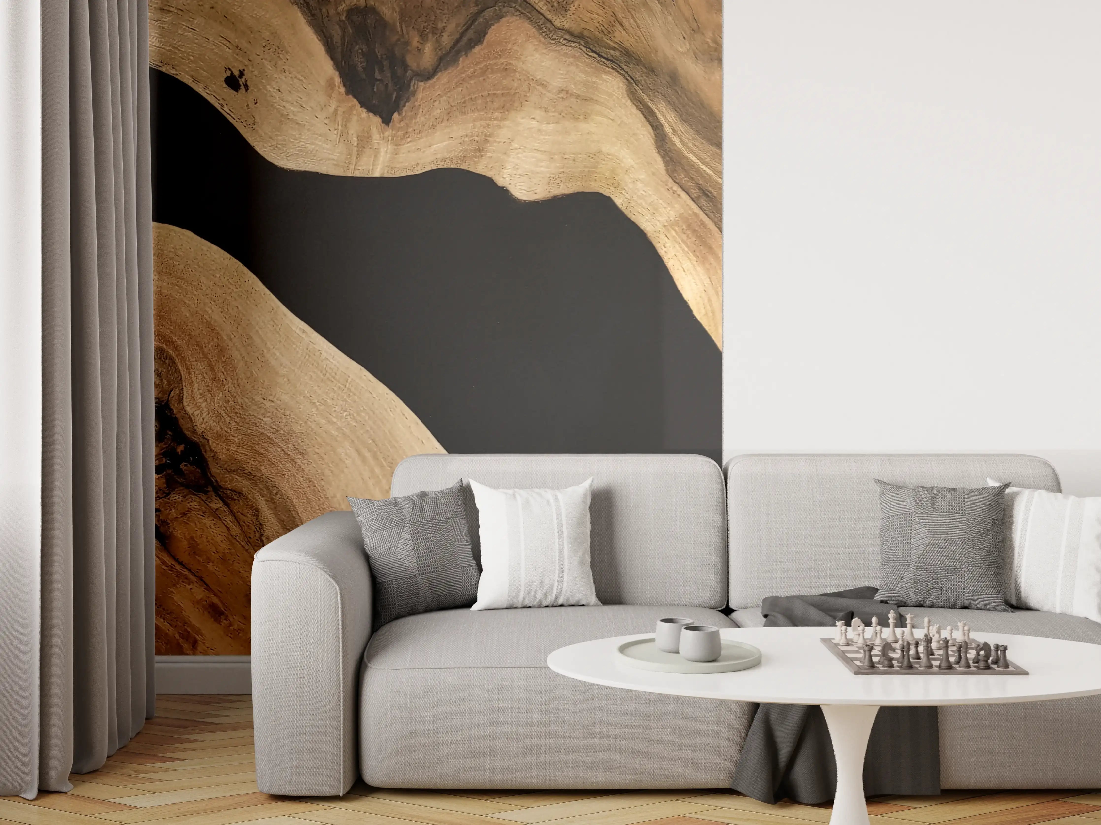 Wandverkleidung Wohnzimmer - Naturholz mit dunklem Hintergrund