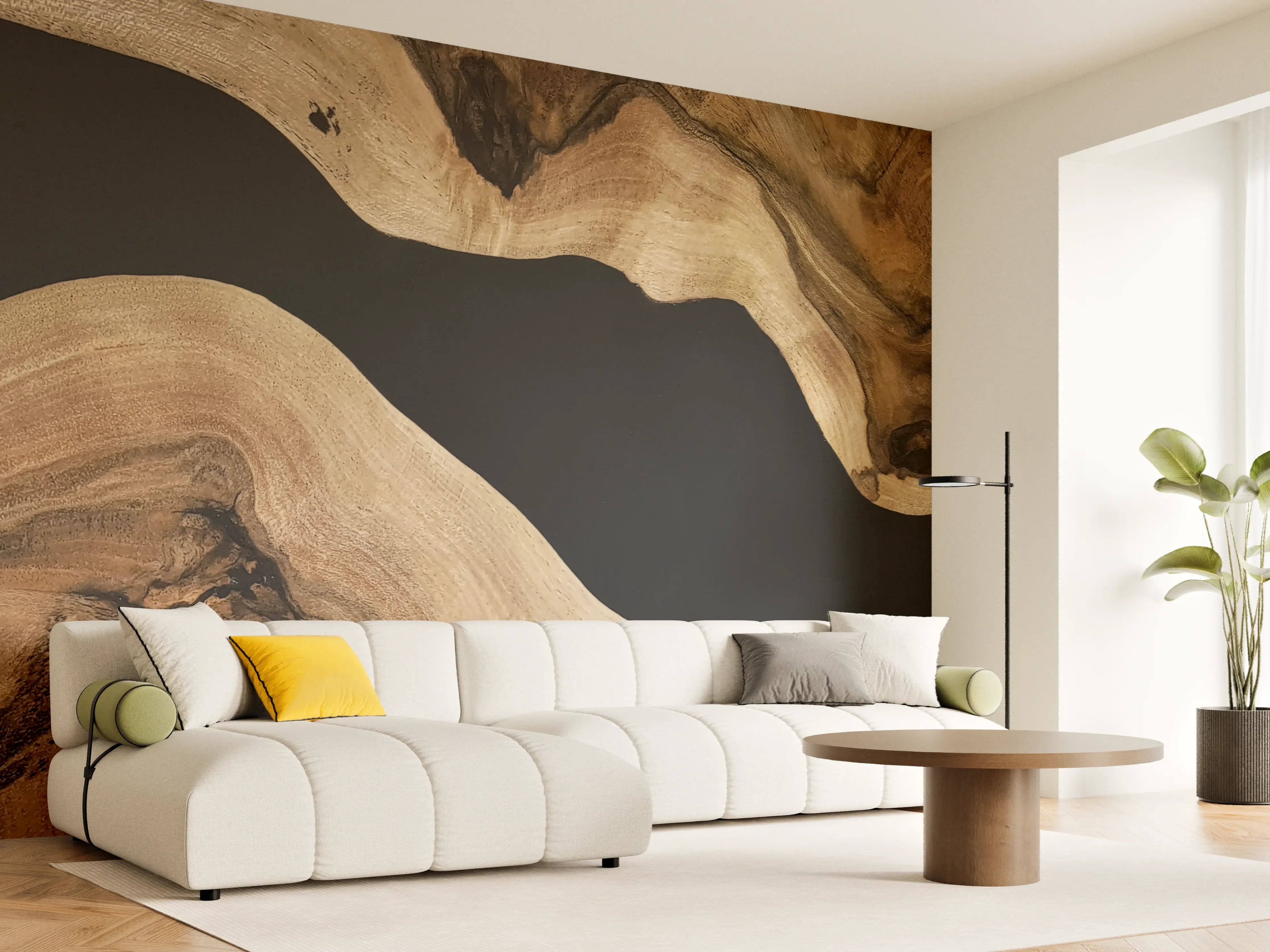 Wandverkleidung Wohnzimmer - Naturholz mit dunklem Hintergrund