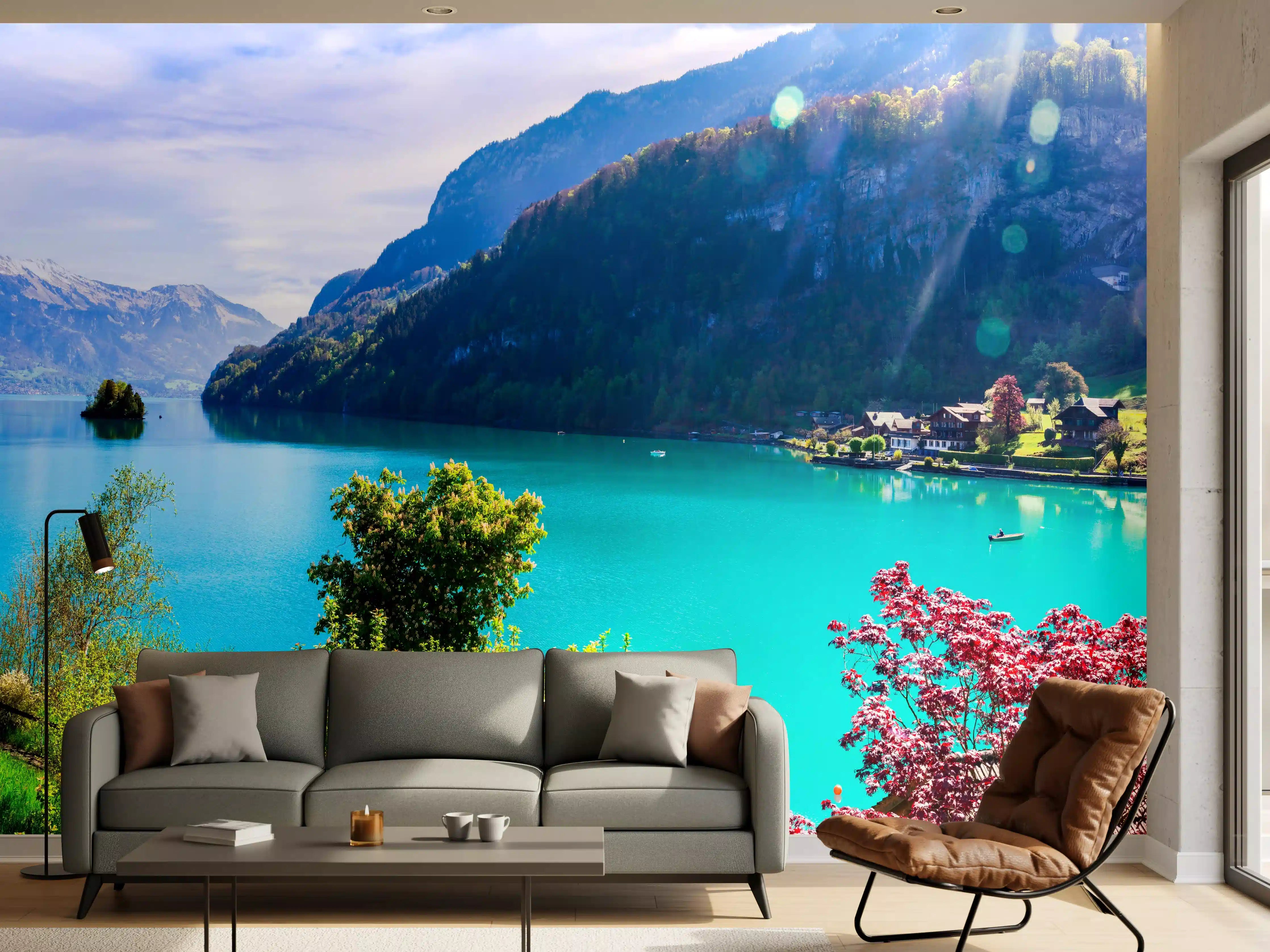 Wandverkleidung Wohnzimmer - Naturkulisse des Brienzersees - Schweiz