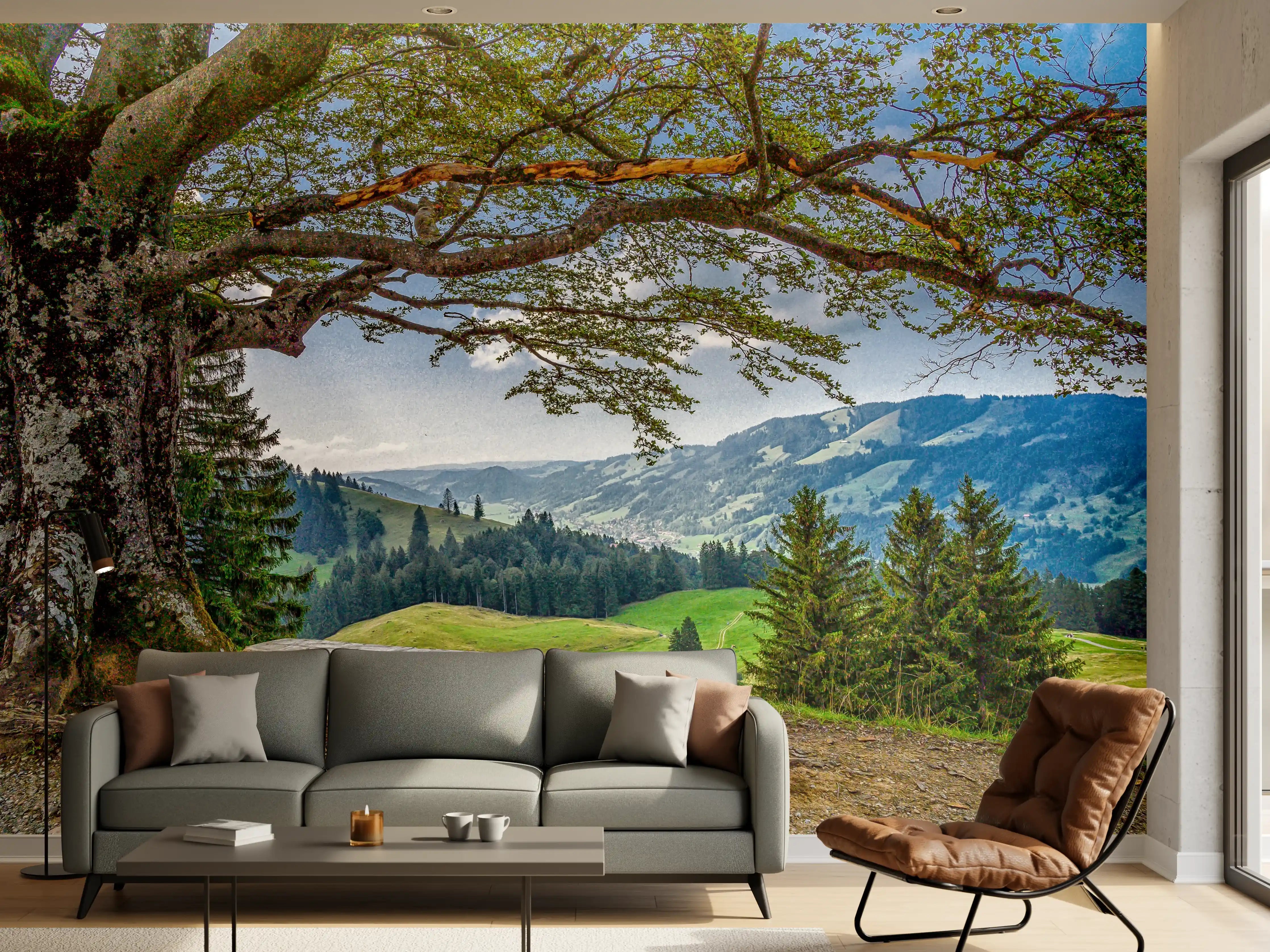 Wandverkleidung Wohnzimmer - Naturkulisse mit Baum und Bergblick