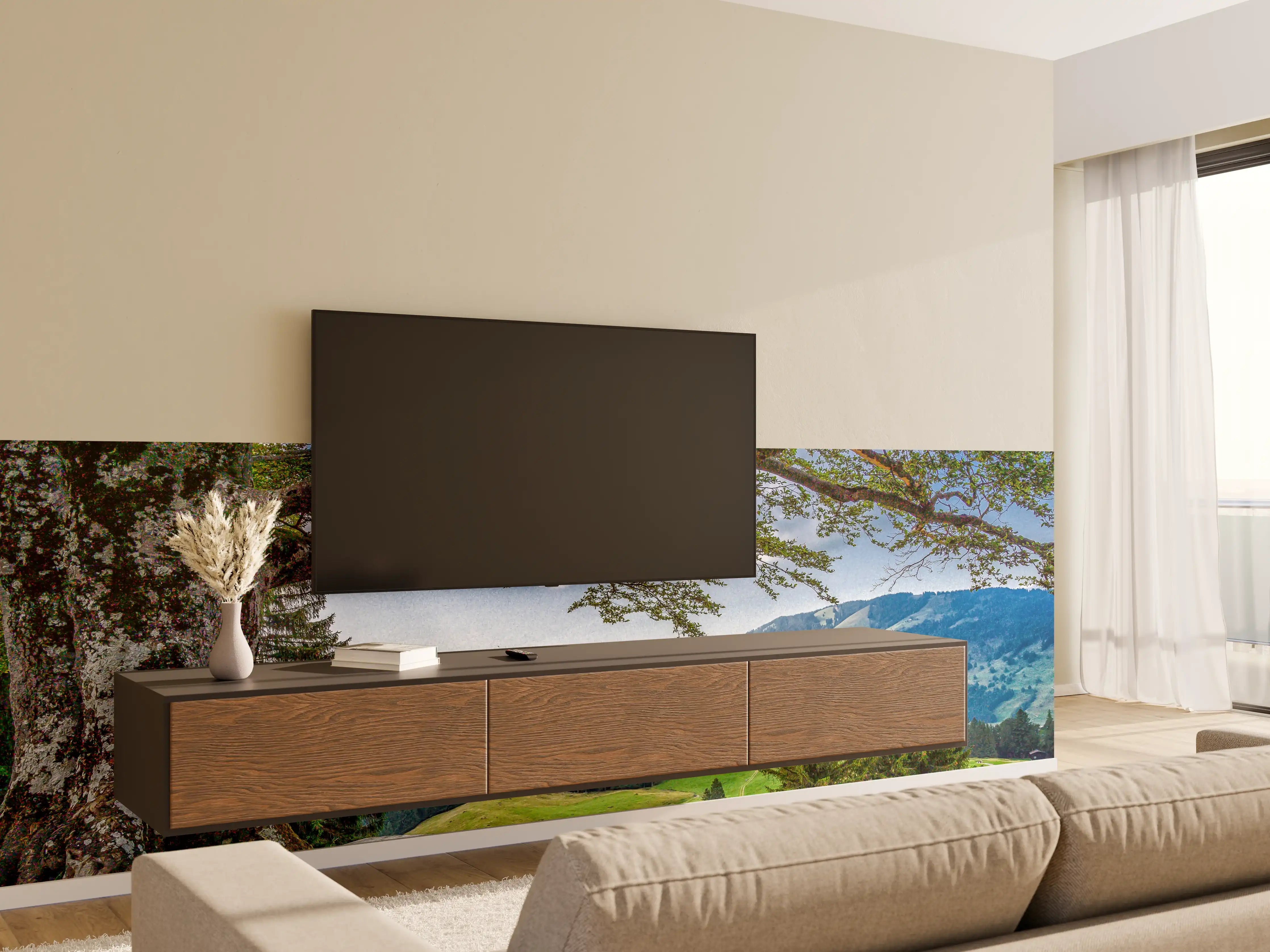 Wandverkleidung Wohnzimmer - Naturkulisse mit Baum und Bergblick