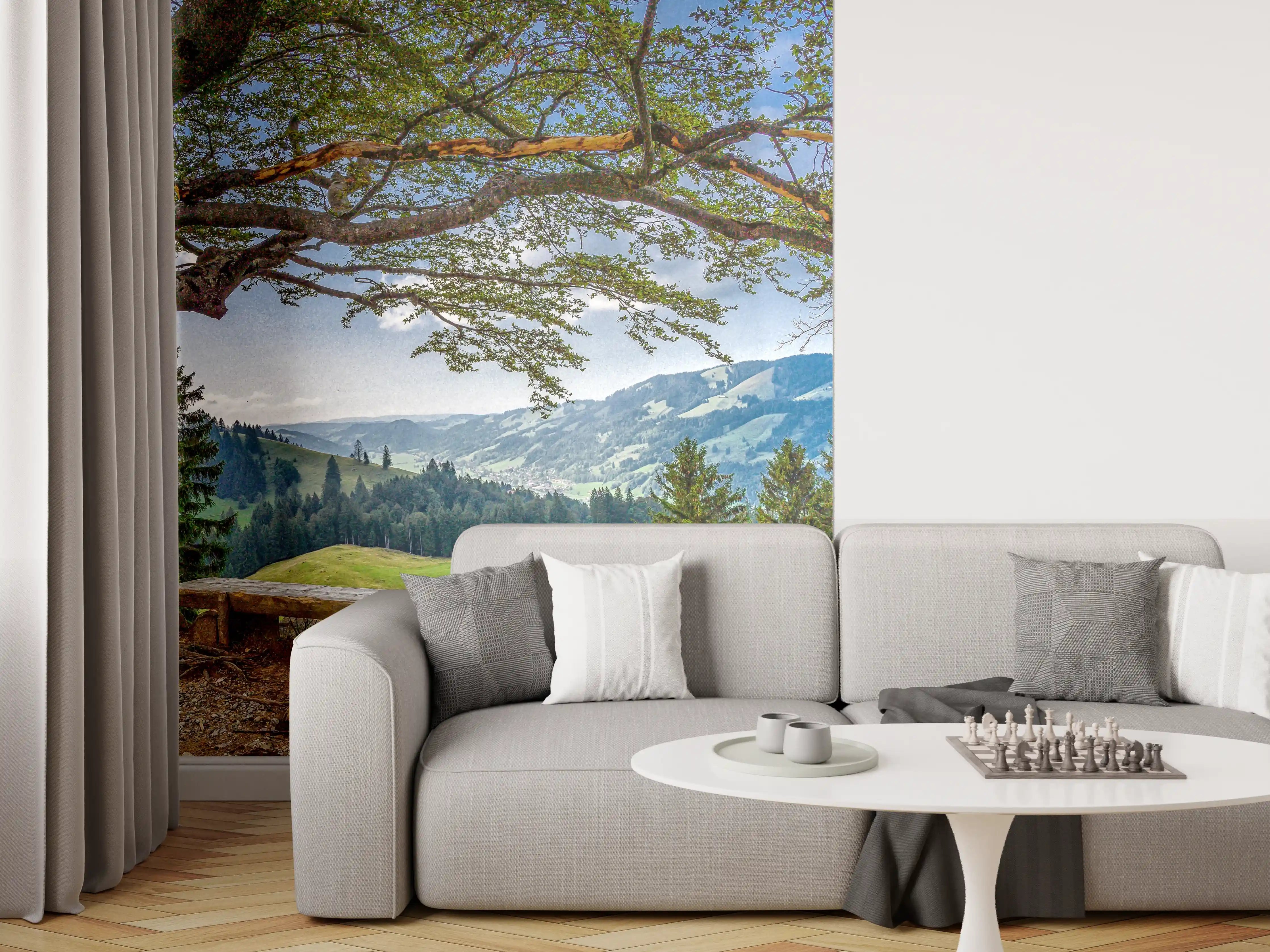 Wandverkleidung Wohnzimmer - Naturkulisse mit Baum und Bergblick