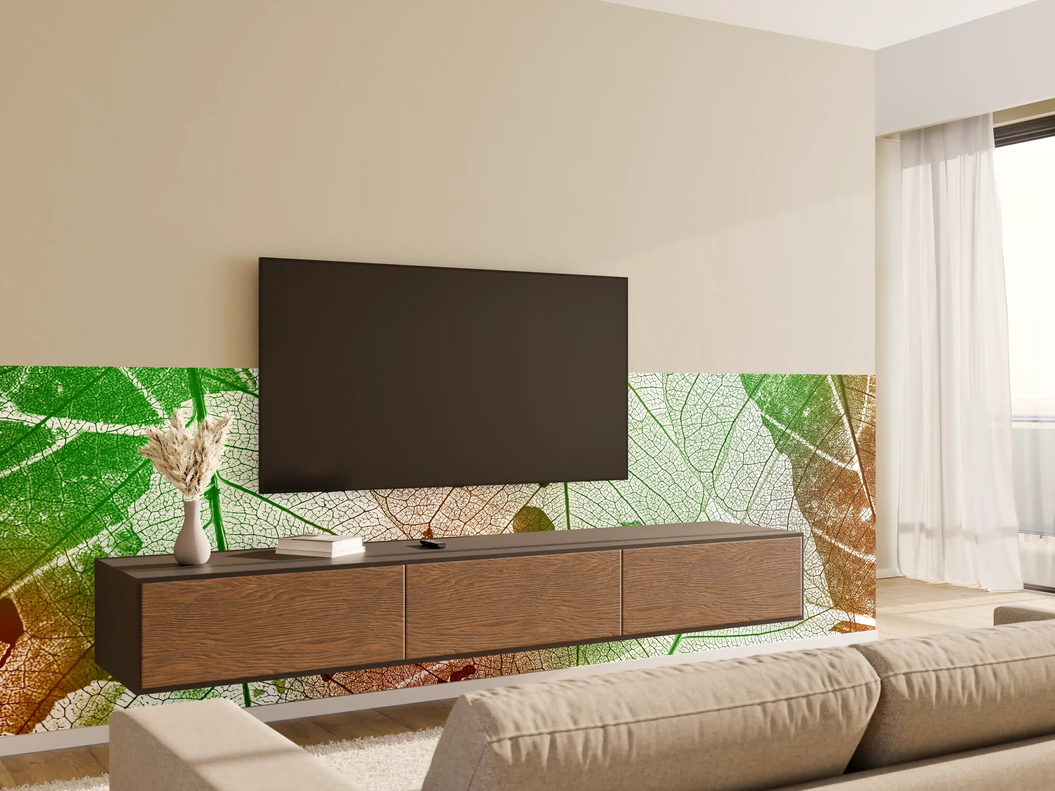 Wandverkleidung Wohnzimmer - Naturmotiv mit Blattstrukturen
