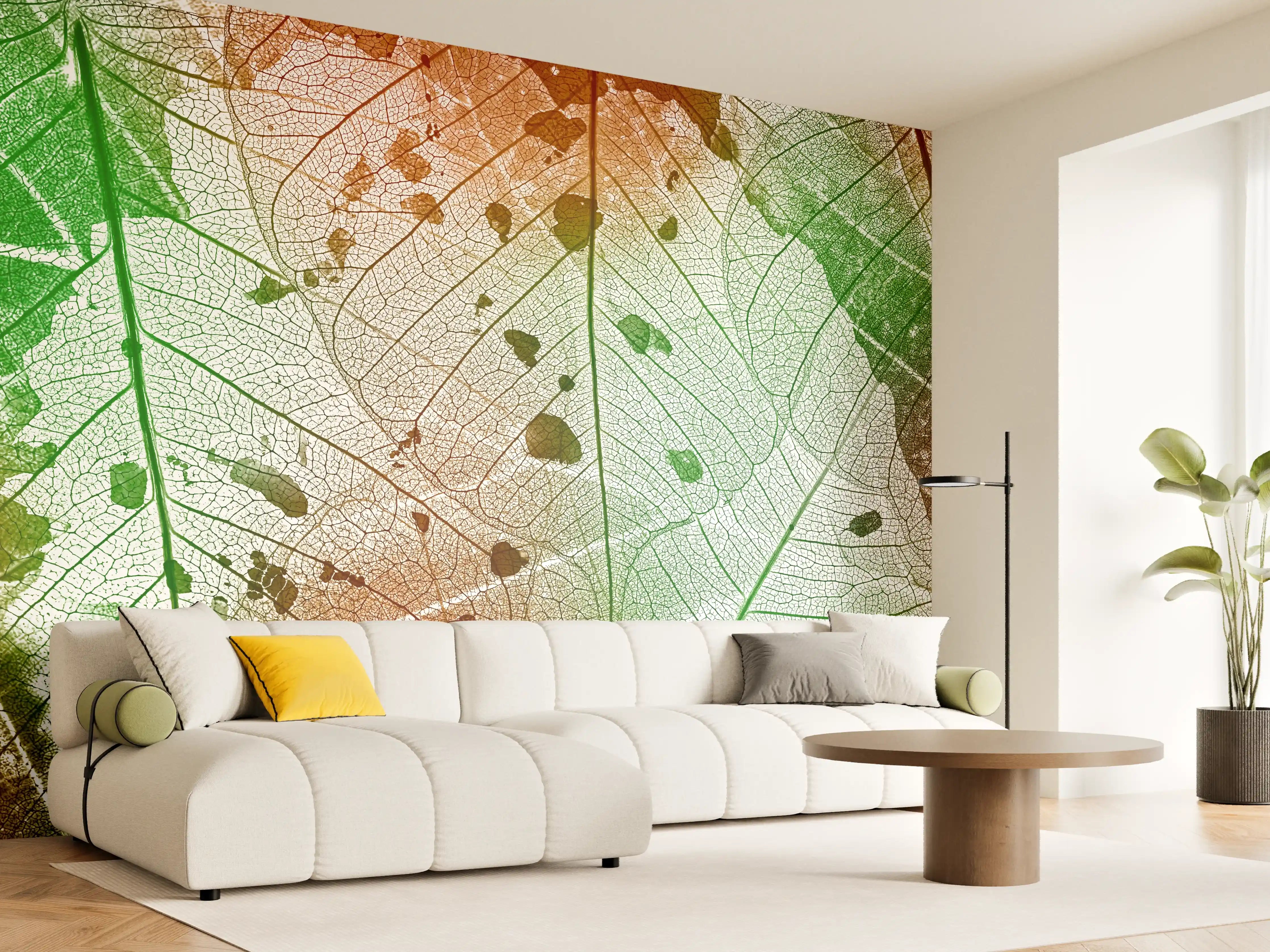 Wandverkleidung Wohnzimmer - Naturmotiv mit Blattstrukturen