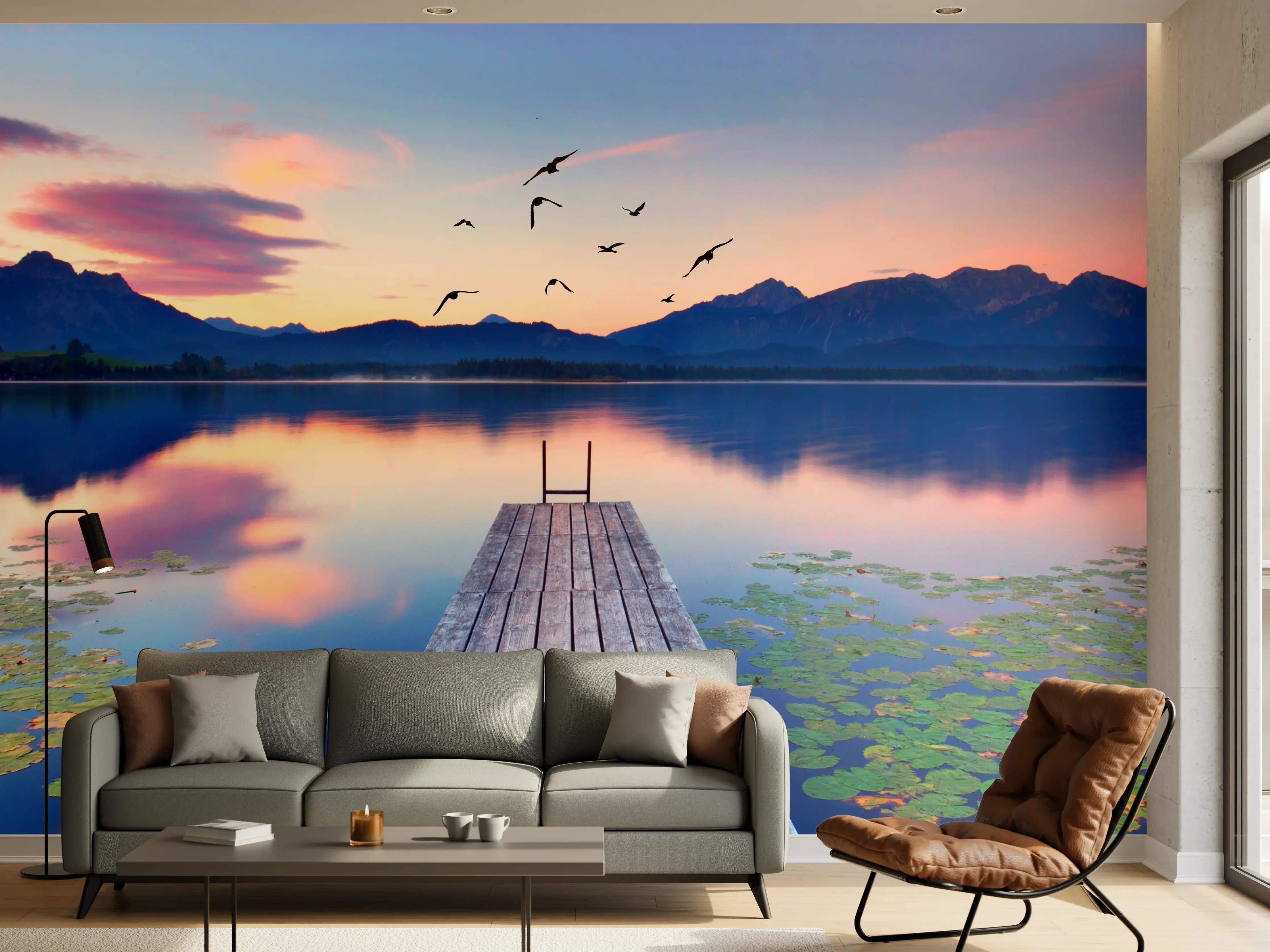 Wandverkleidung Wohnzimmer - Naturpanorama am See bei Sonnenuntergang