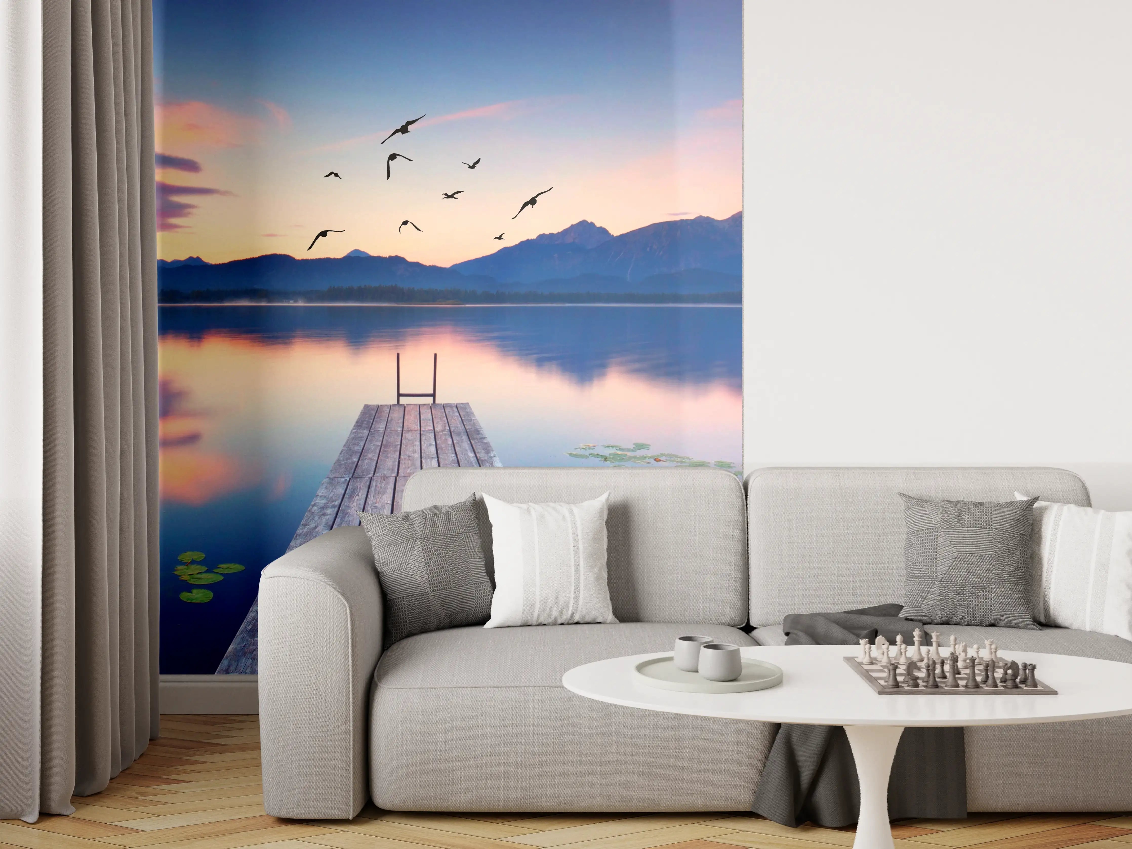 Wandverkleidung Wohnzimmer - Naturpanorama am See bei Sonnenuntergang