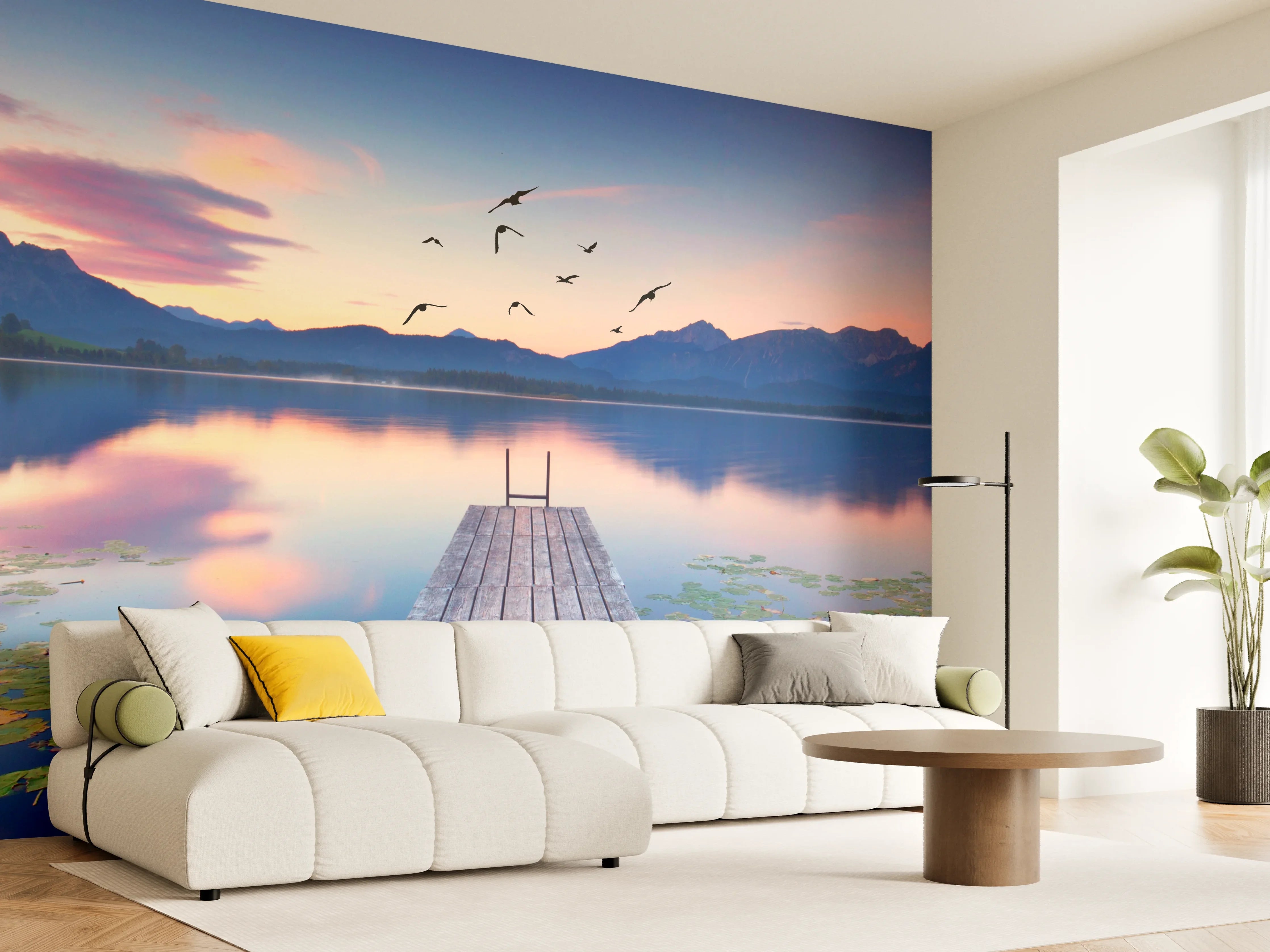 Wandverkleidung Wohnzimmer - Naturpanorama am See bei Sonnenuntergang