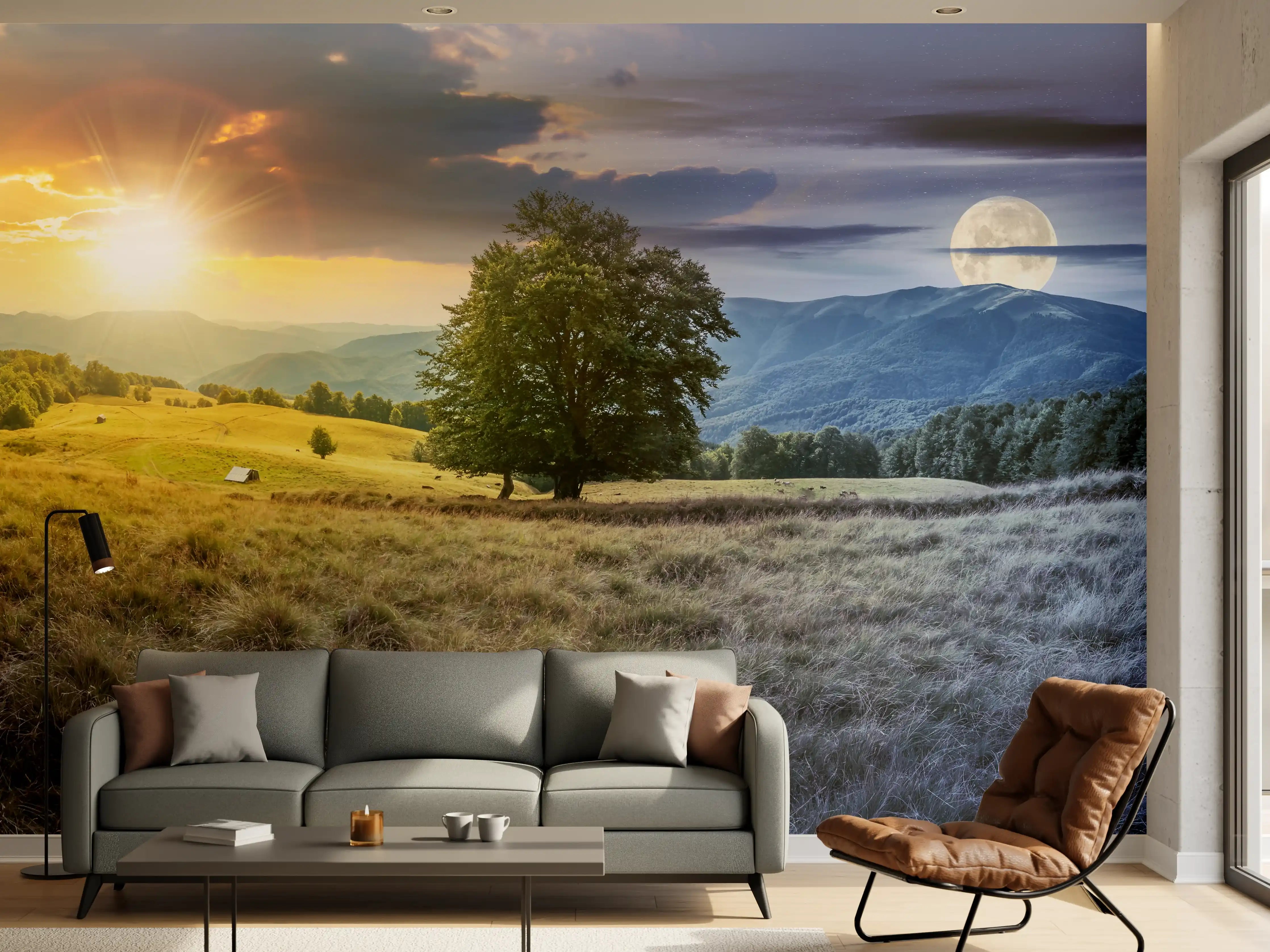 Wandverkleidung Wohnzimmer - Naturpanorama bei Sonnenaufgang und Vollmond