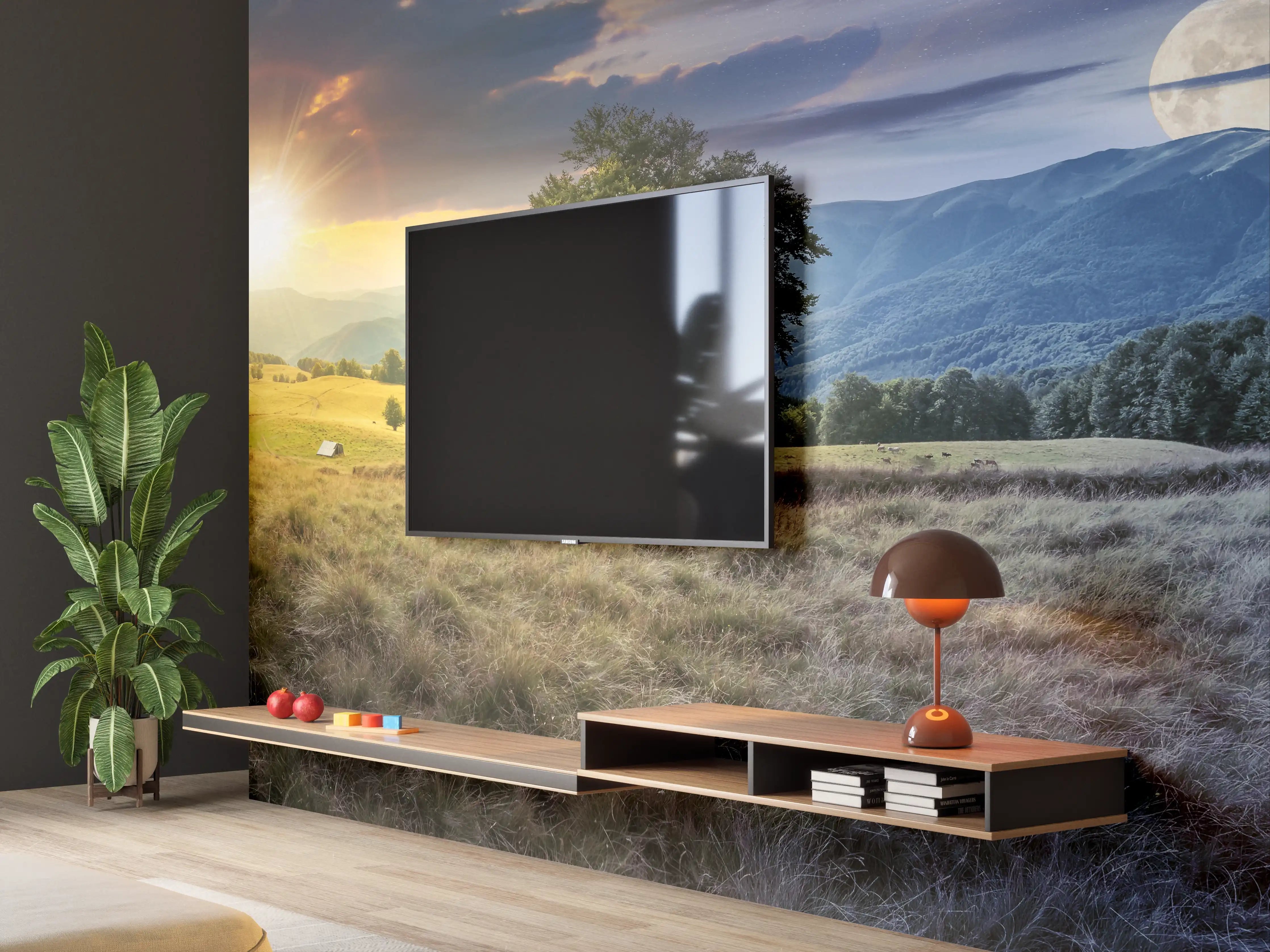 Wandverkleidung Wohnzimmer - Naturpanorama bei Sonnenaufgang und Vollmond