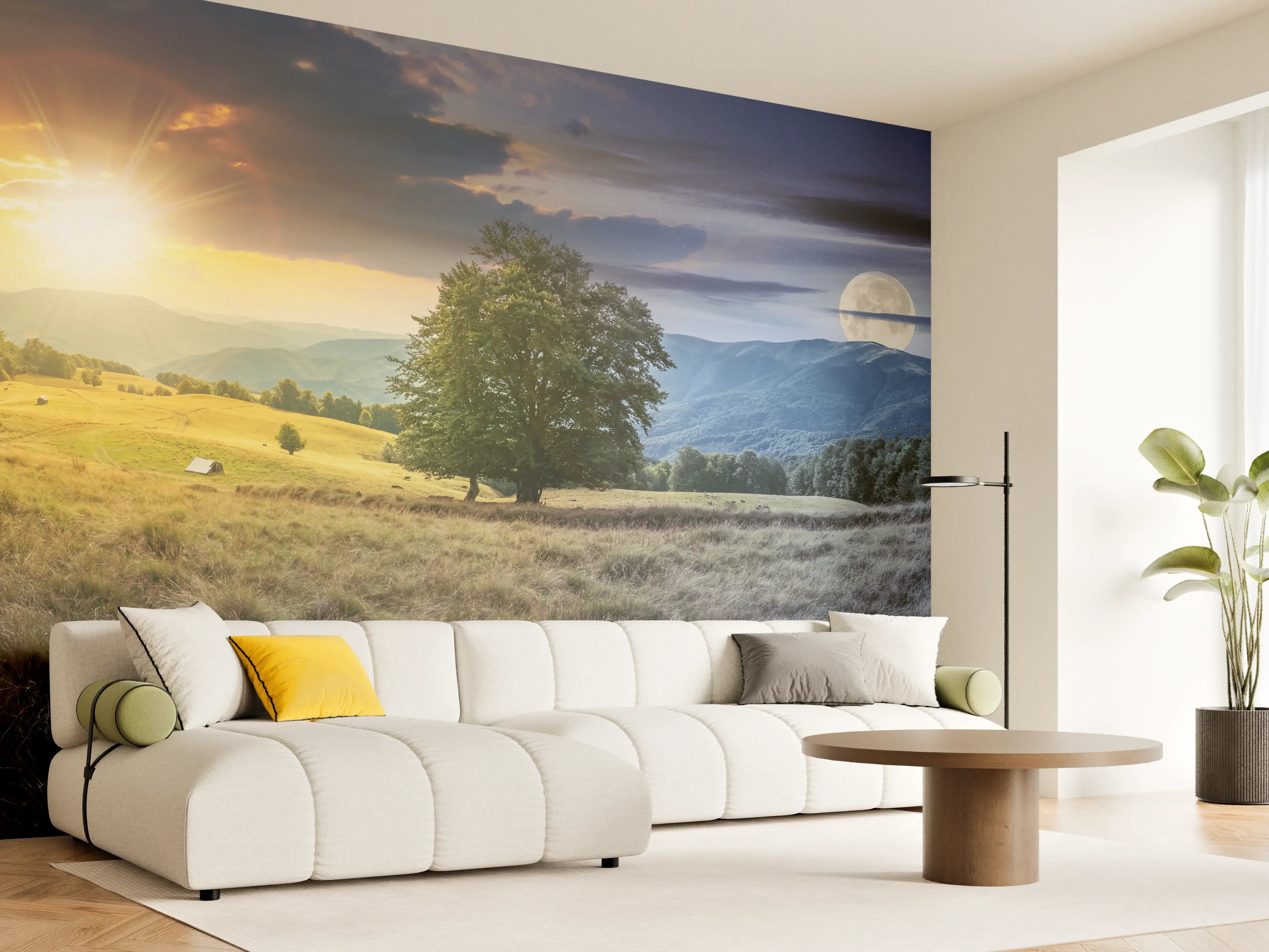 Wandverkleidung Wohnzimmer - Naturpanorama bei Sonnenaufgang und Vollmond