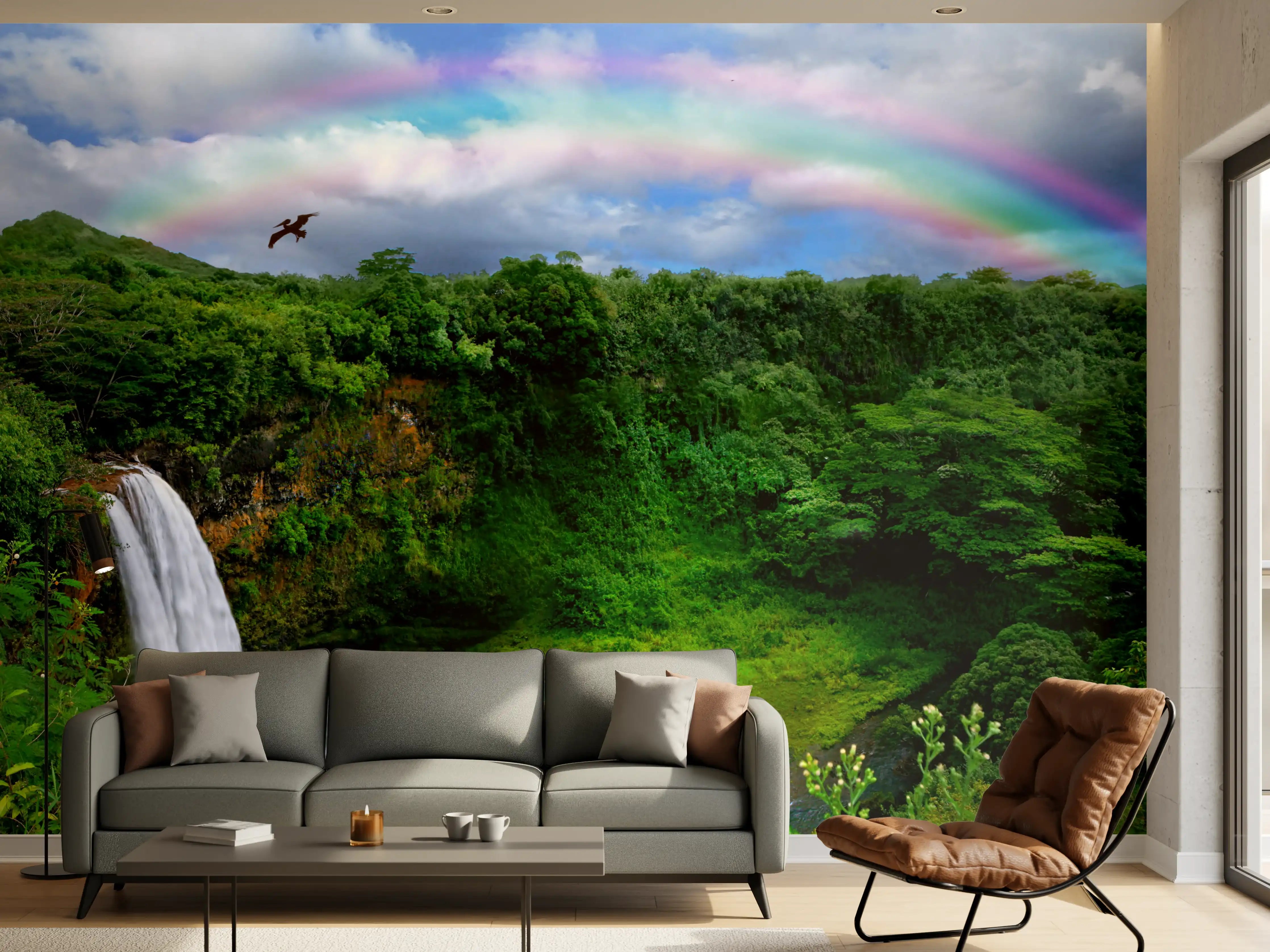 Wandverkleidung Wohnzimmer - Naturparadies mit Wasserfall und Regenbogen