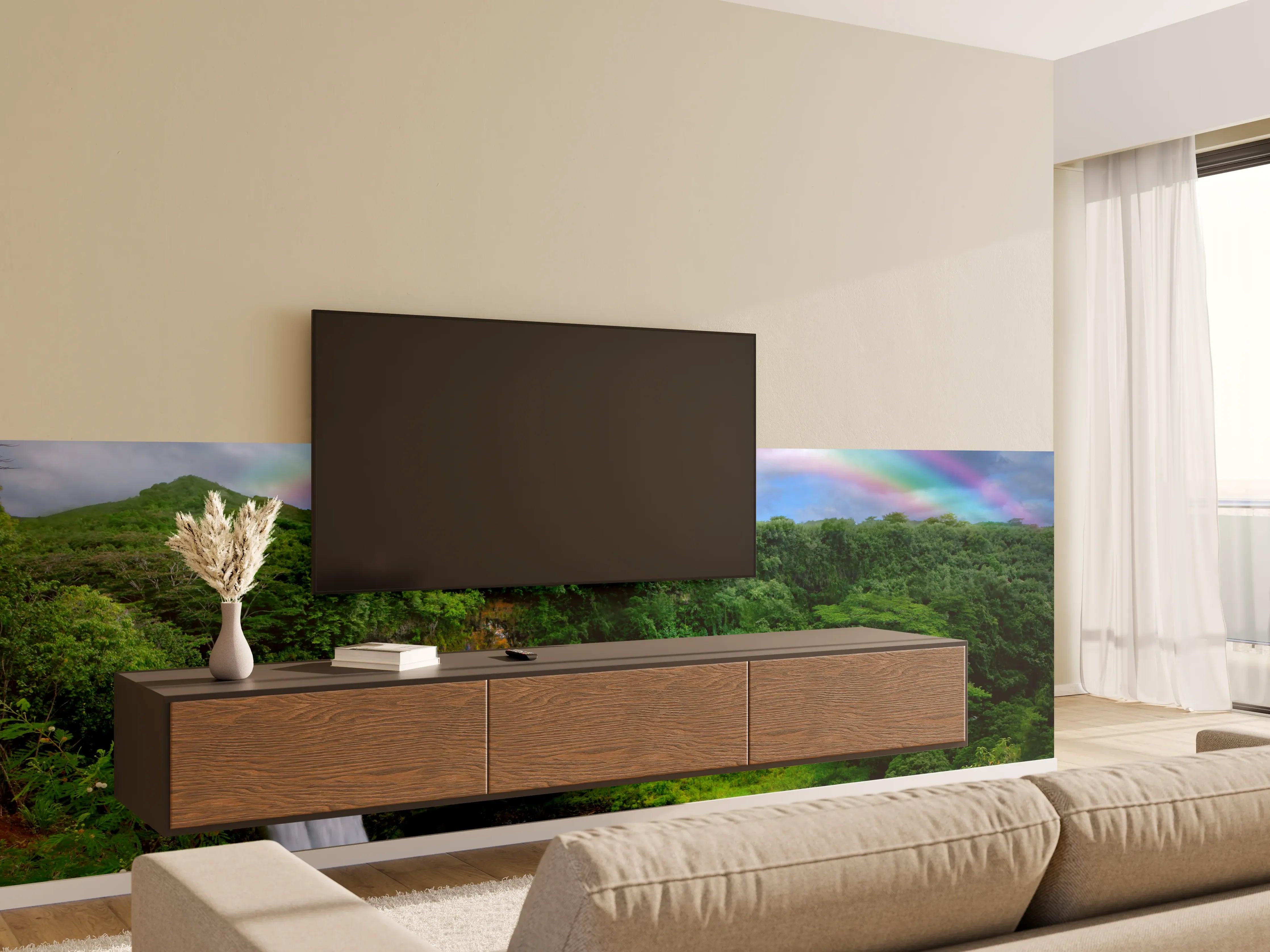 Wandverkleidung Wohnzimmer - Naturparadies mit Wasserfall und Regenbogen