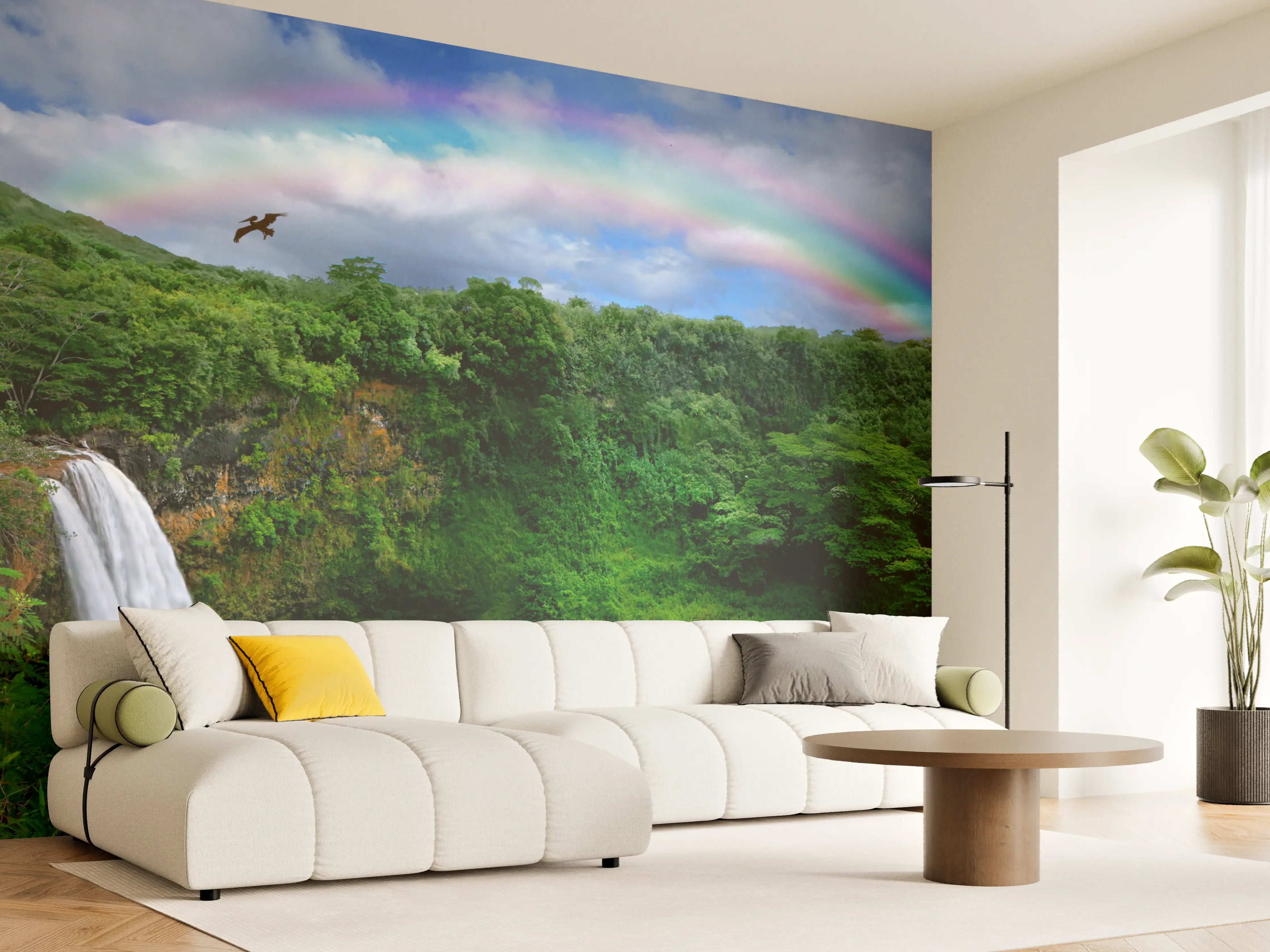 Wandverkleidung Wohnzimmer - Naturparadies mit Wasserfall und Regenbogen