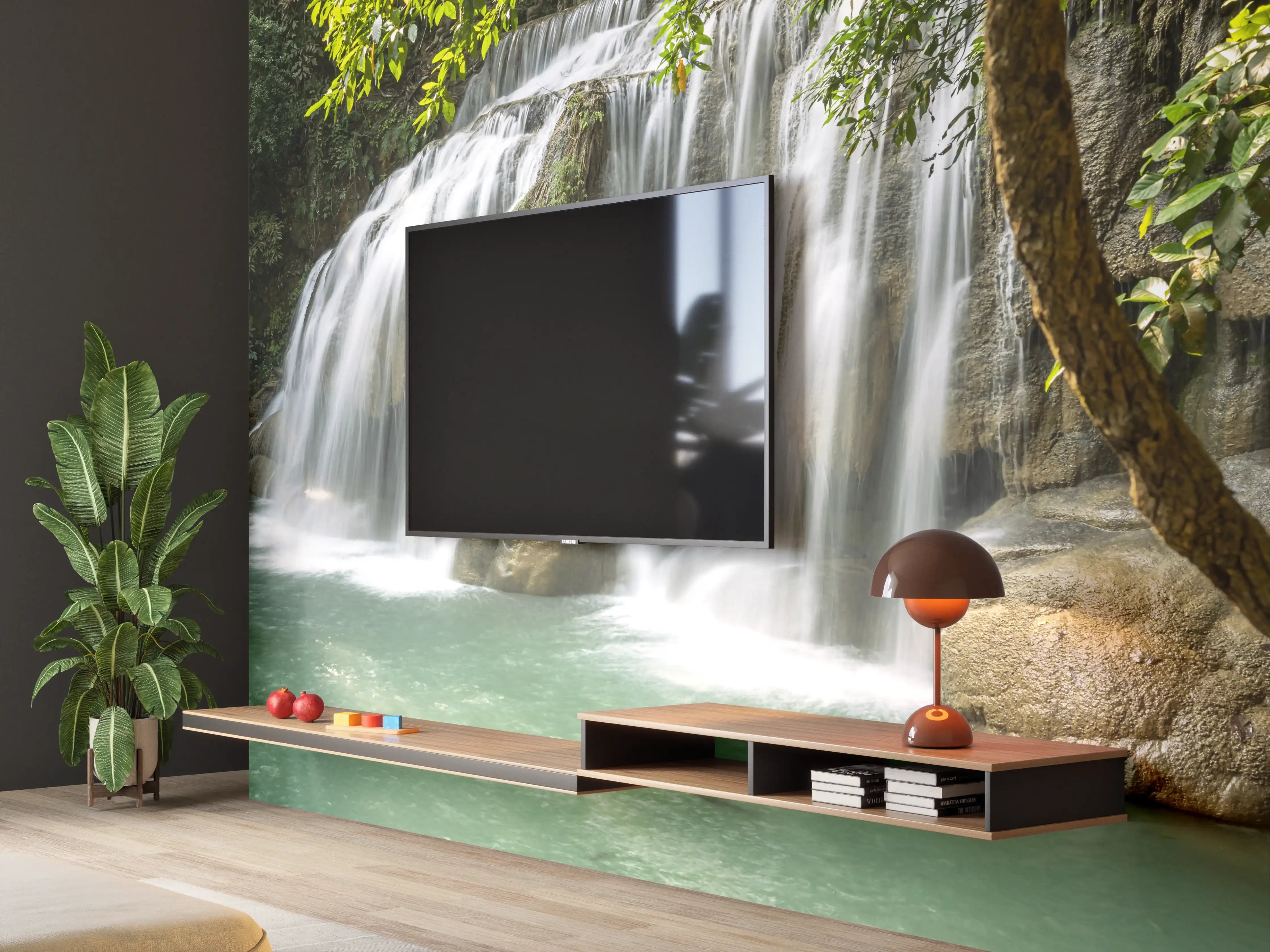 Wandverkleidung Wohnzimmer - Naturpool mit Wasserfall in grünem Dschungel