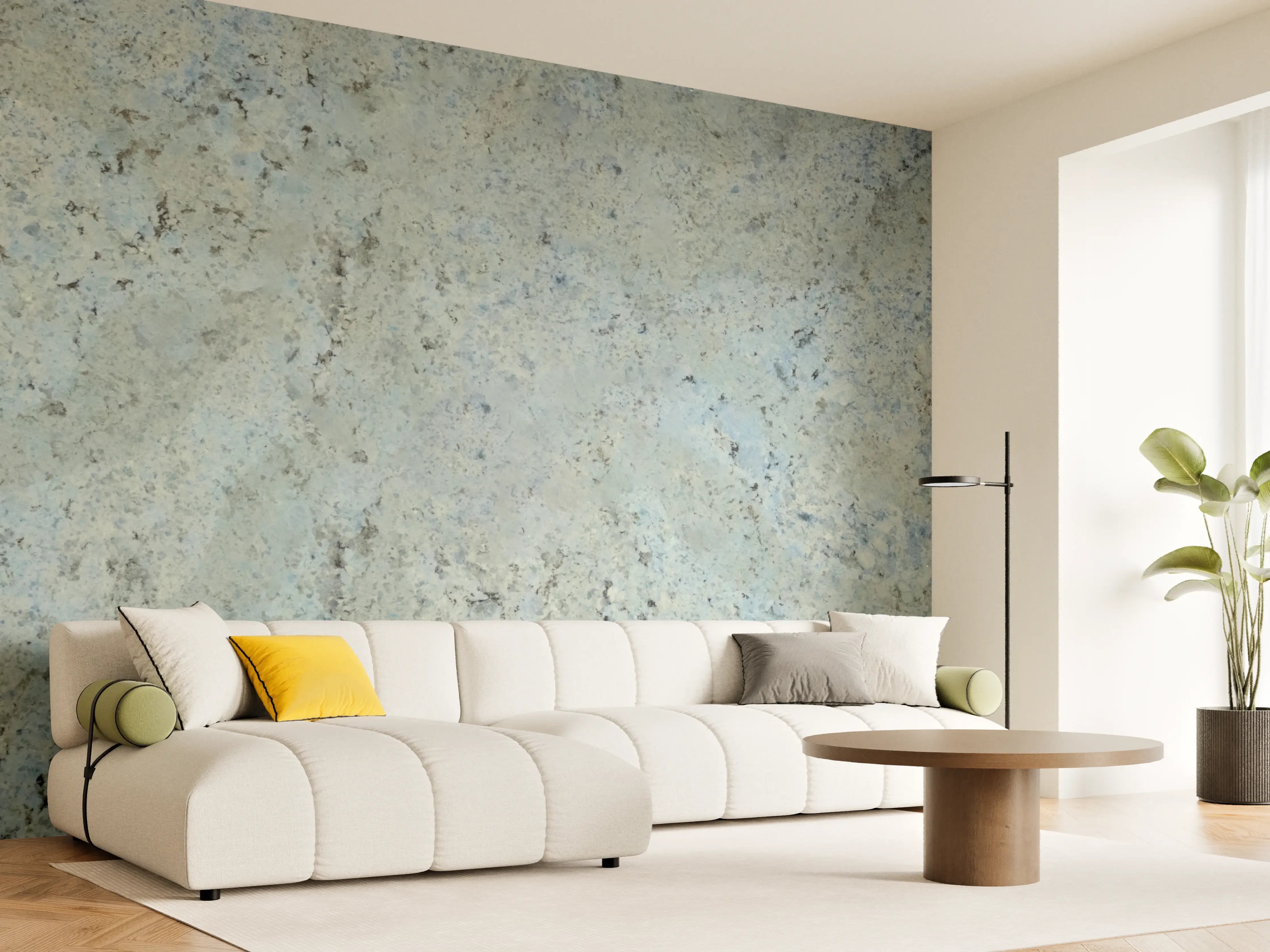 Wandverkleidung Wohnzimmer - Naturstein Design in Blau und Grau