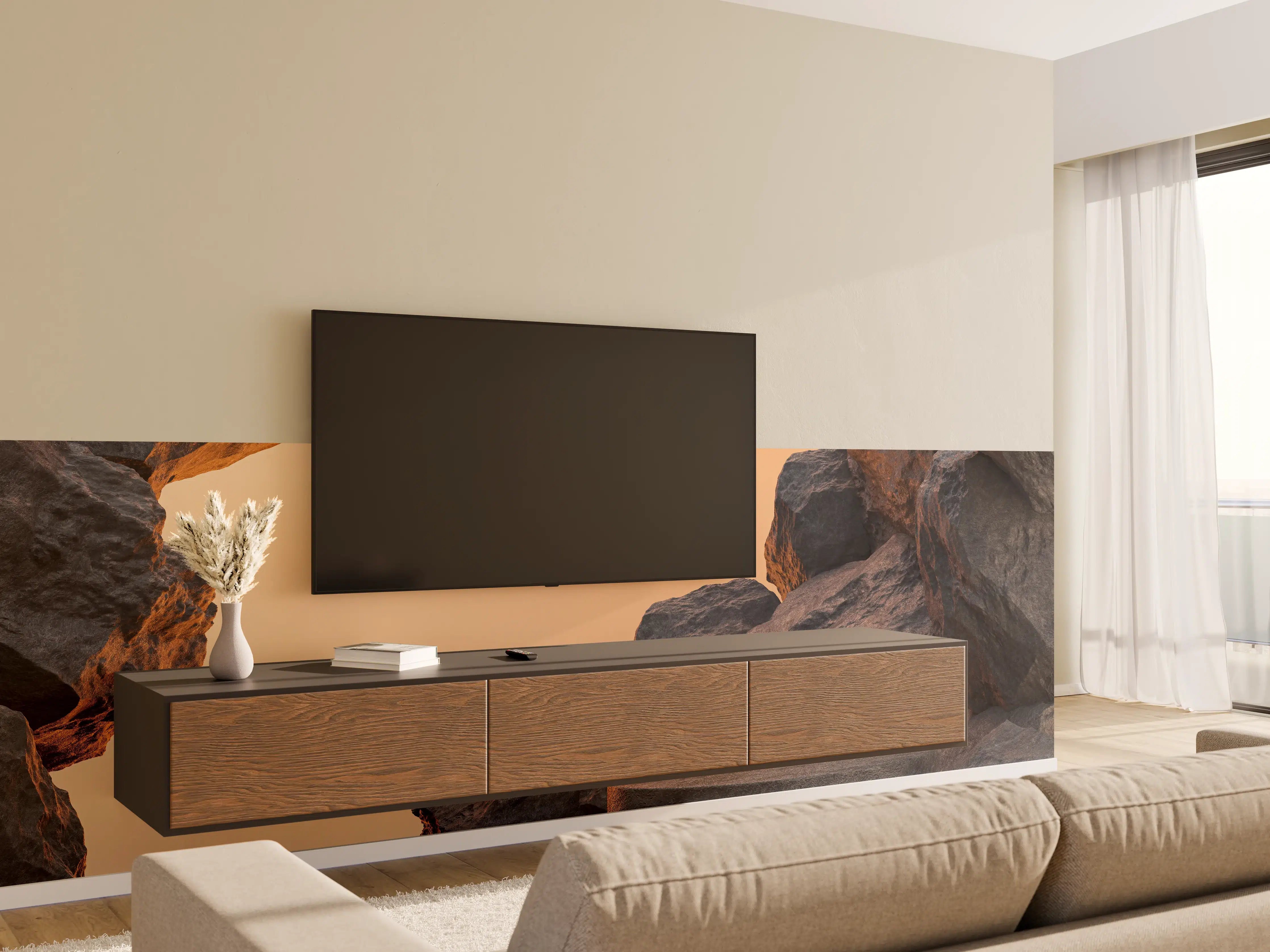 Wandverkleidung Wohnzimmer - Naturstein-Kunstwerk im Sonnenuntergang