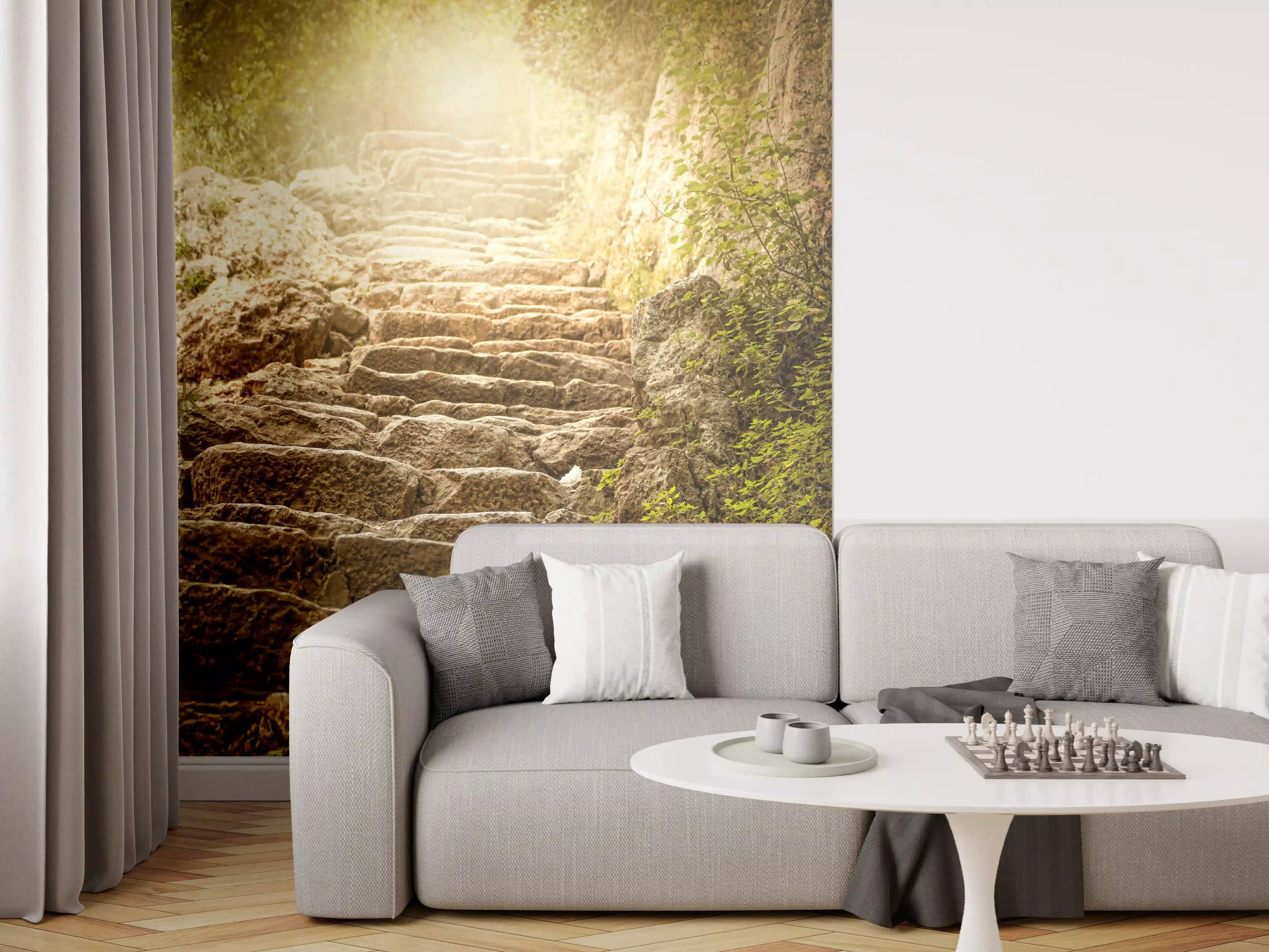 Wandverkleidung Wohnzimmer - Naturstein-Stufen im grünen Dschungel