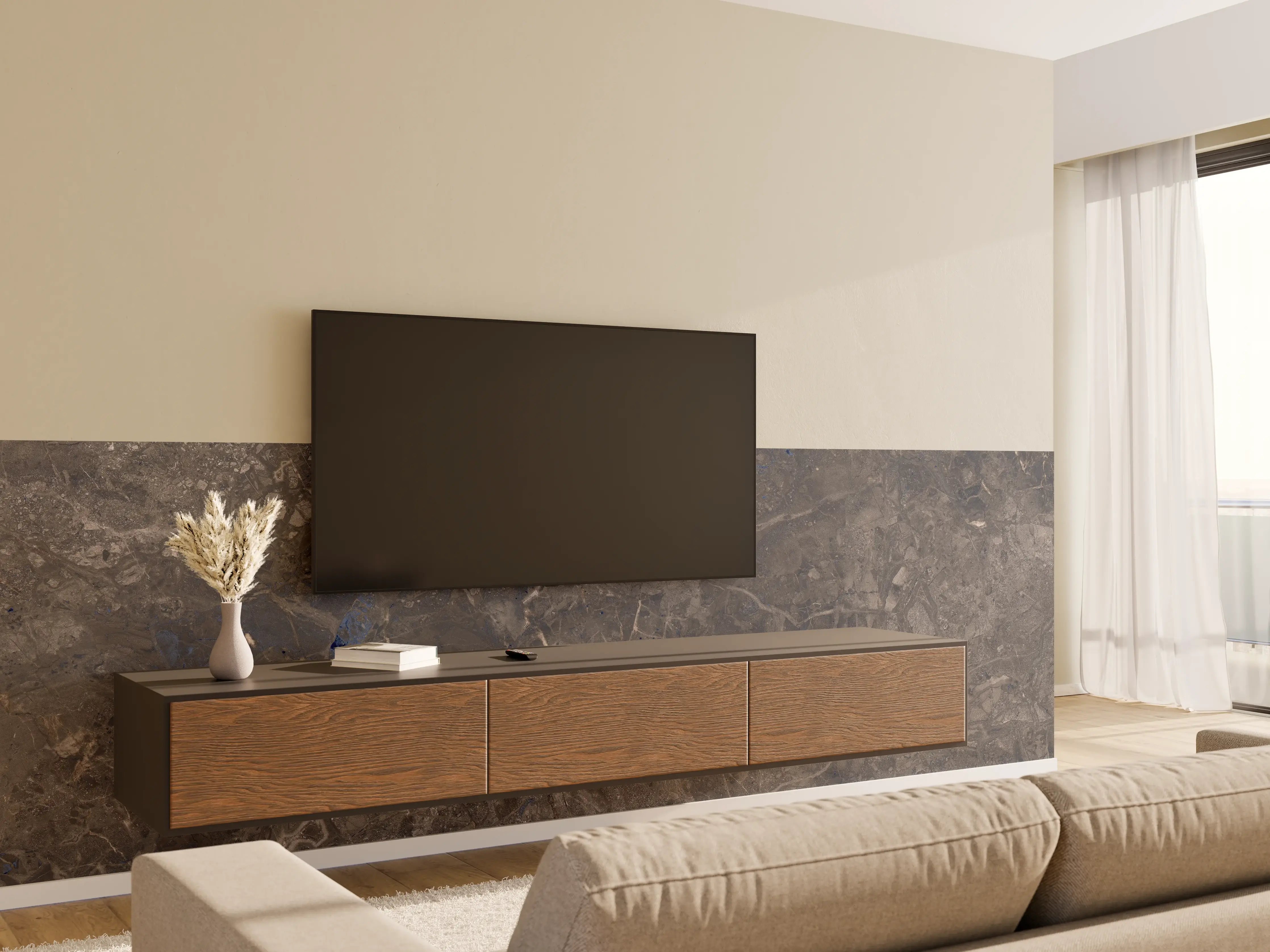 Wandverkleidung Wohnzimmer - Natursteinfliese in dunklem Braun