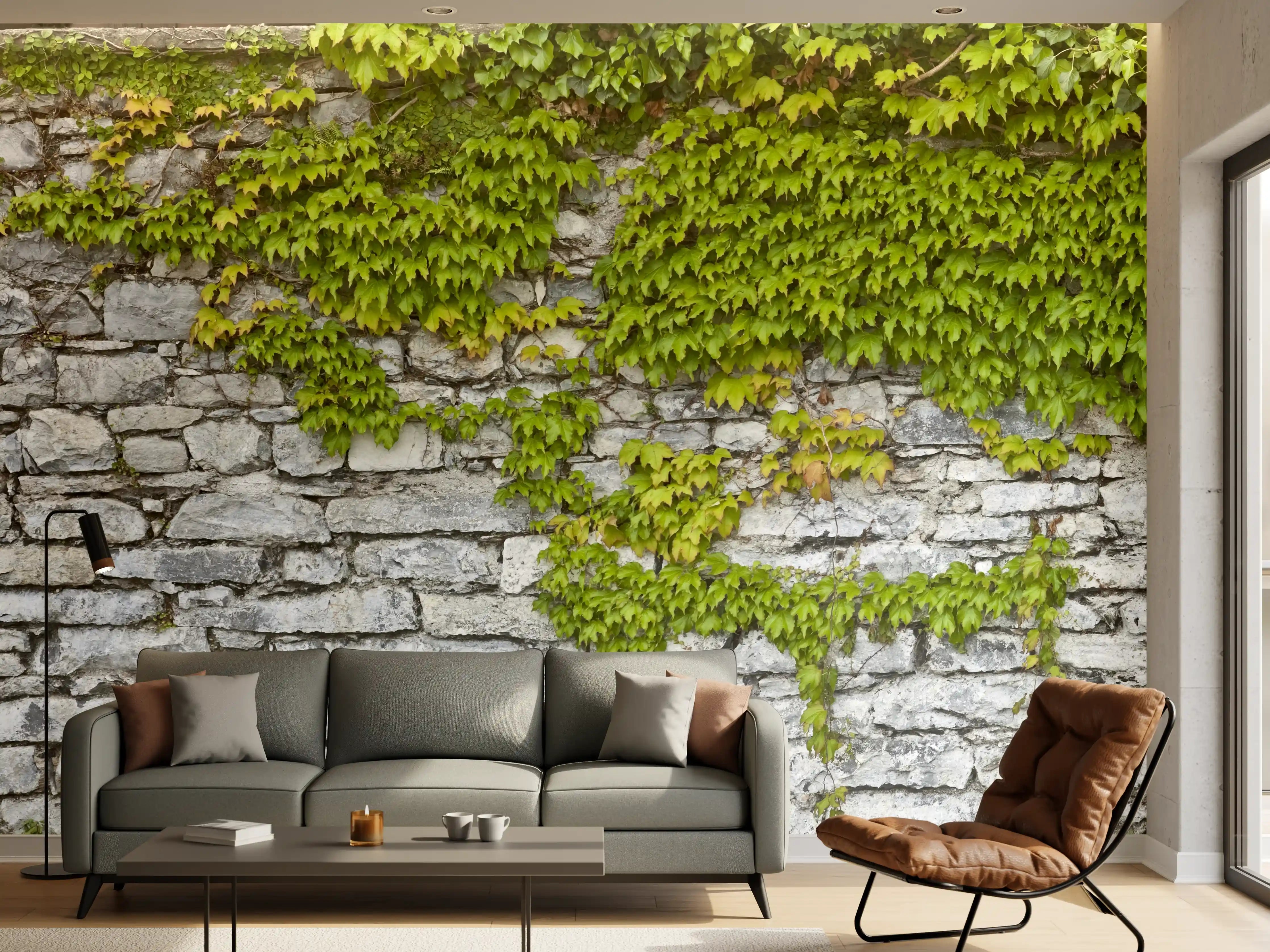 Wandverkleidung Wohnzimmer - Natursteinmauer mit Weinlaub