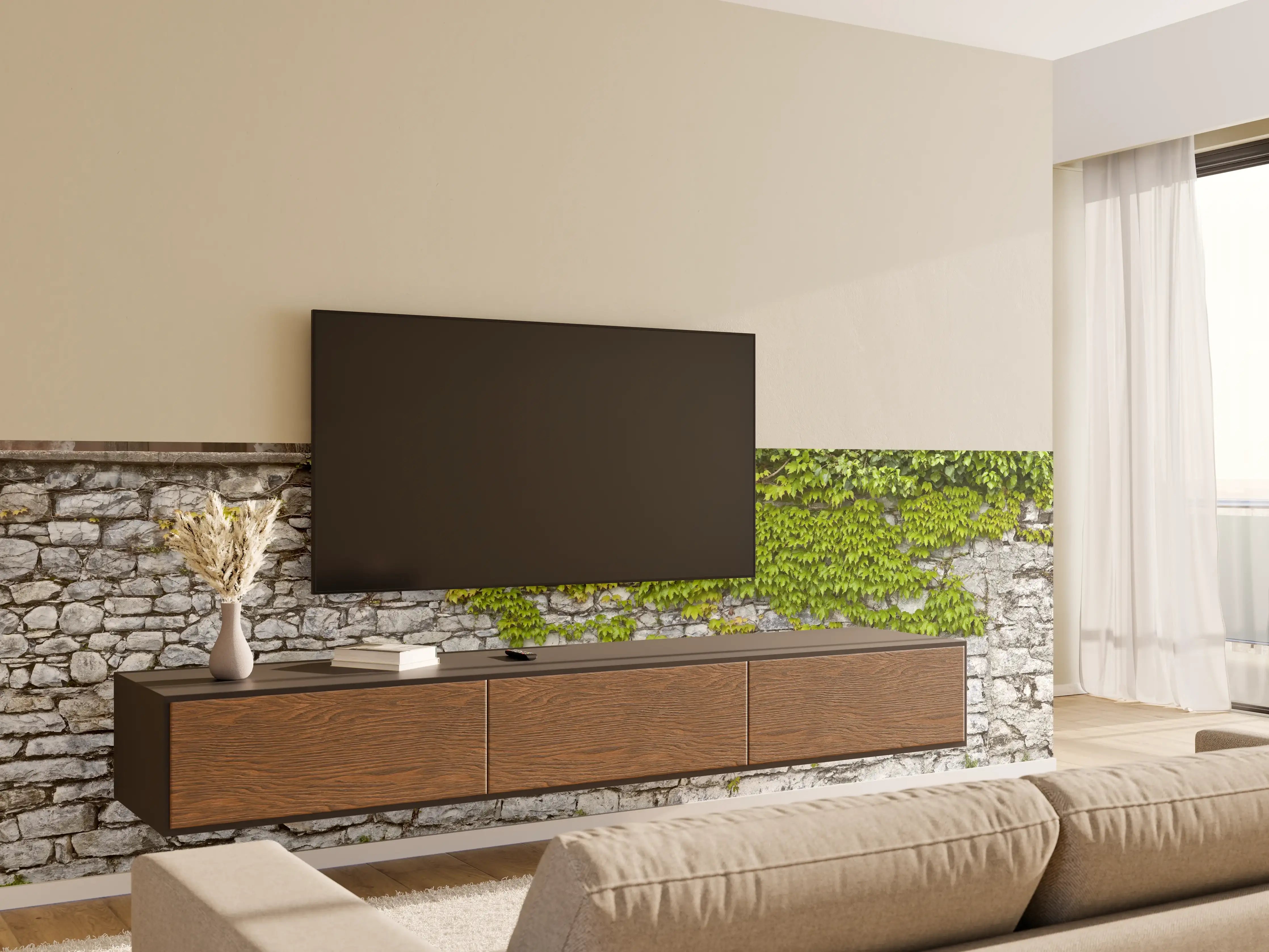 Wandverkleidung Wohnzimmer - Natursteinmauer mit Weinlaub