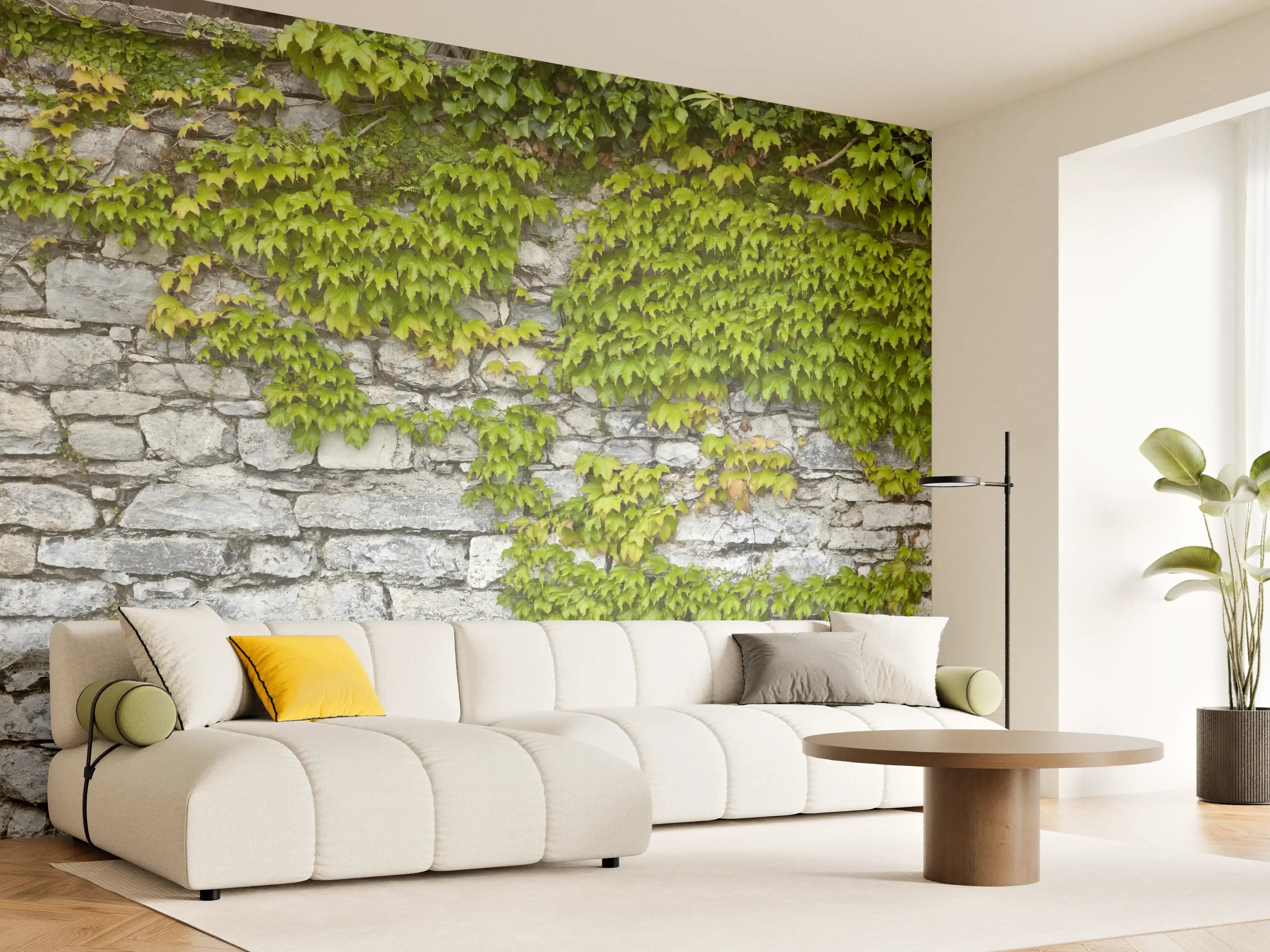 Wandverkleidung Wohnzimmer - Natursteinmauer mit Weinlaub