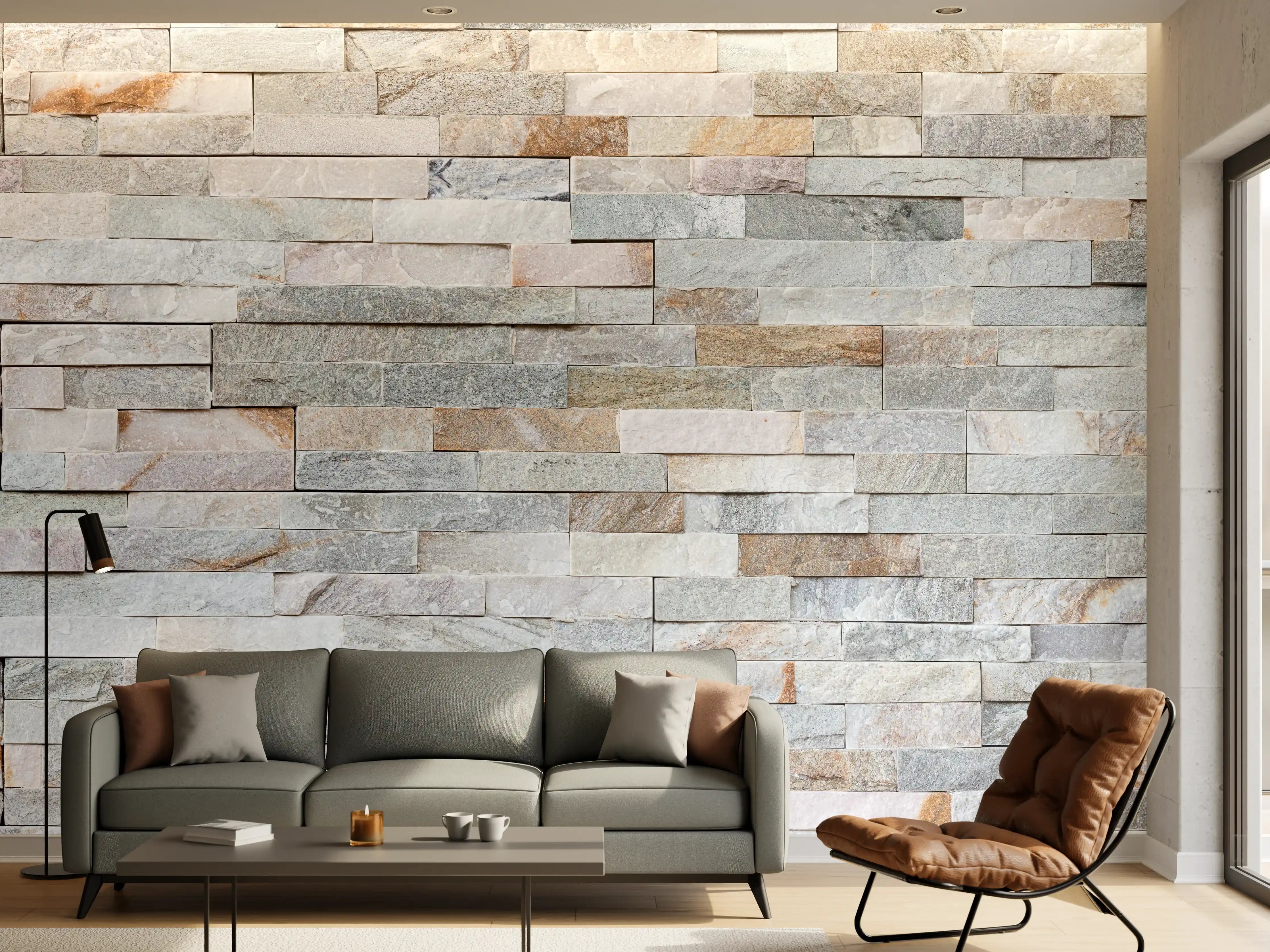 Wandverkleidung Wohnzimmer - Natursteinwand in natürlichem Farbton