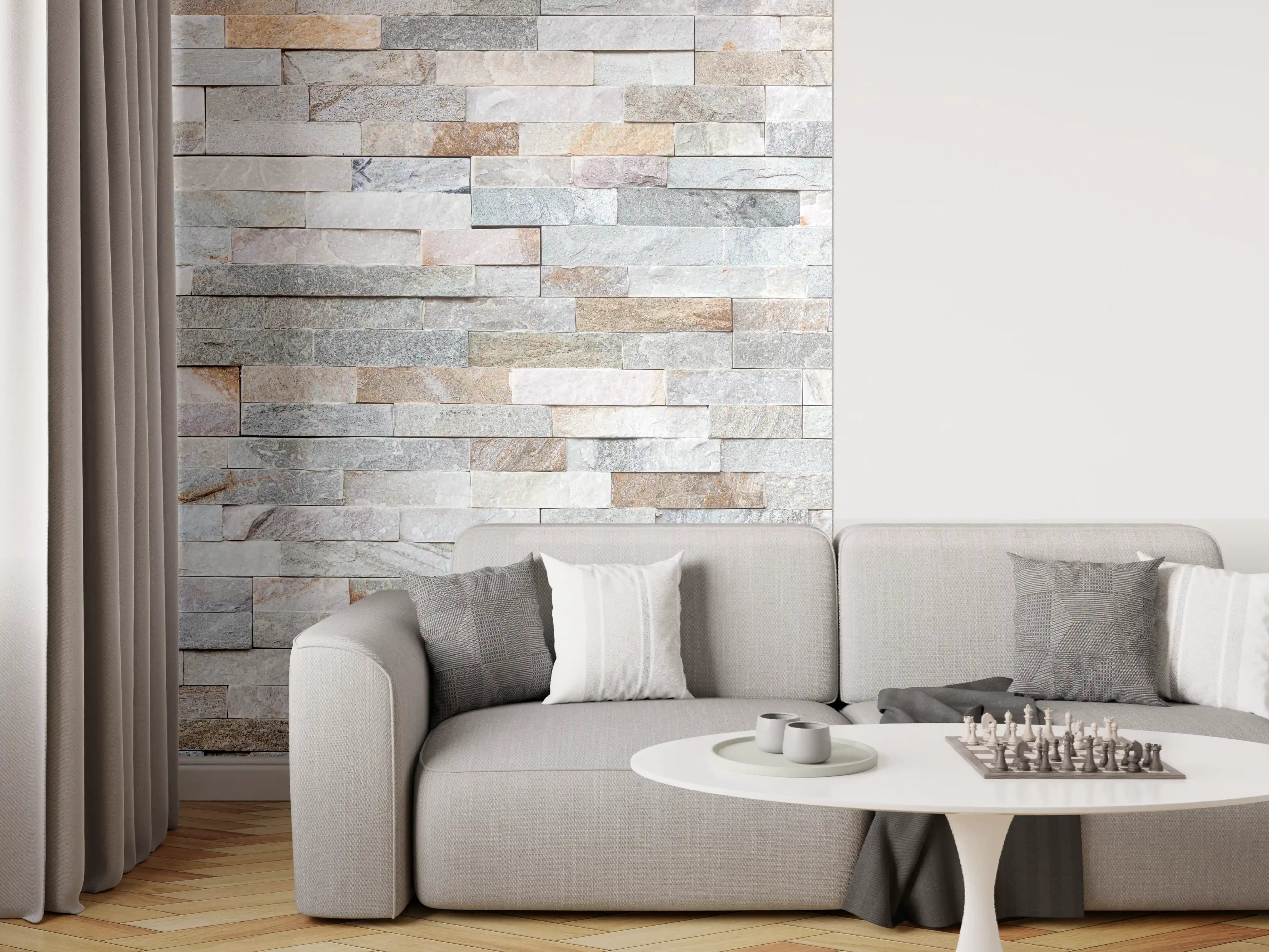Wandverkleidung Wohnzimmer - Natursteinwand in natürlichem Farbton