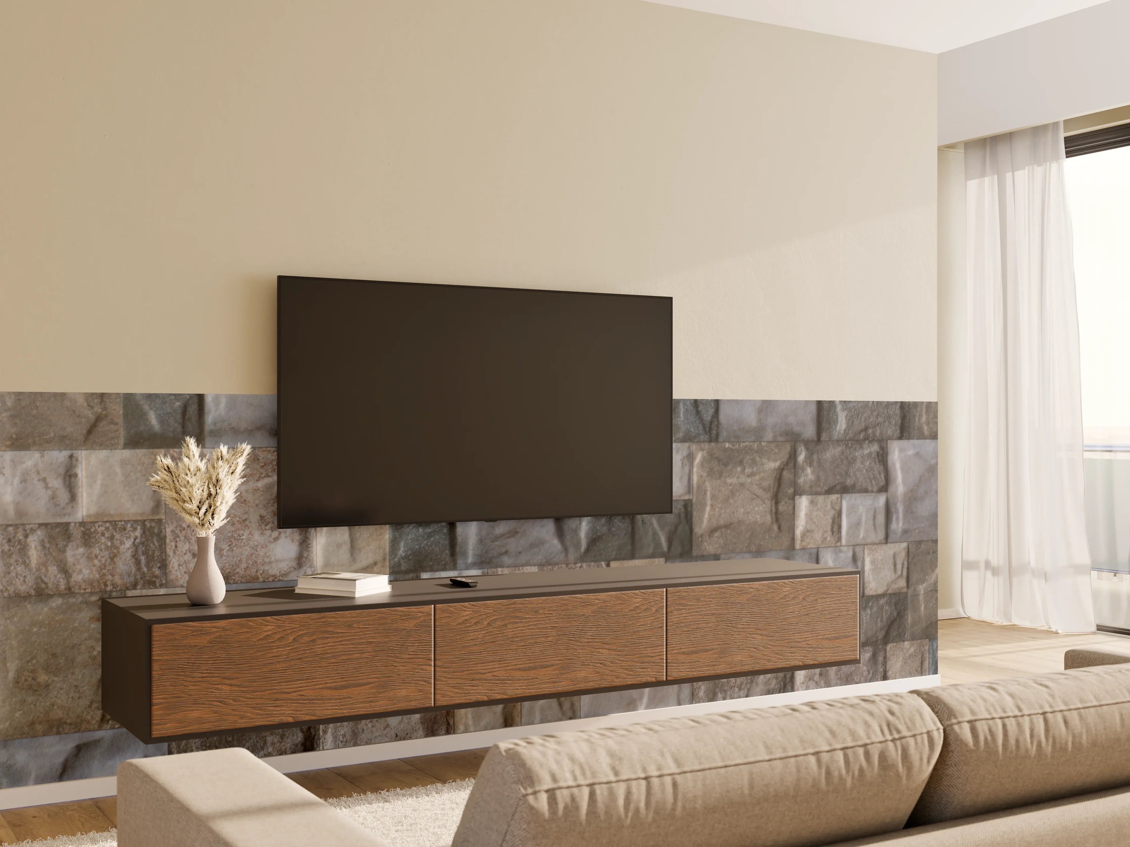 Wandverkleidung Wohnzimmer - Natursteinwand in neutralen Farben
