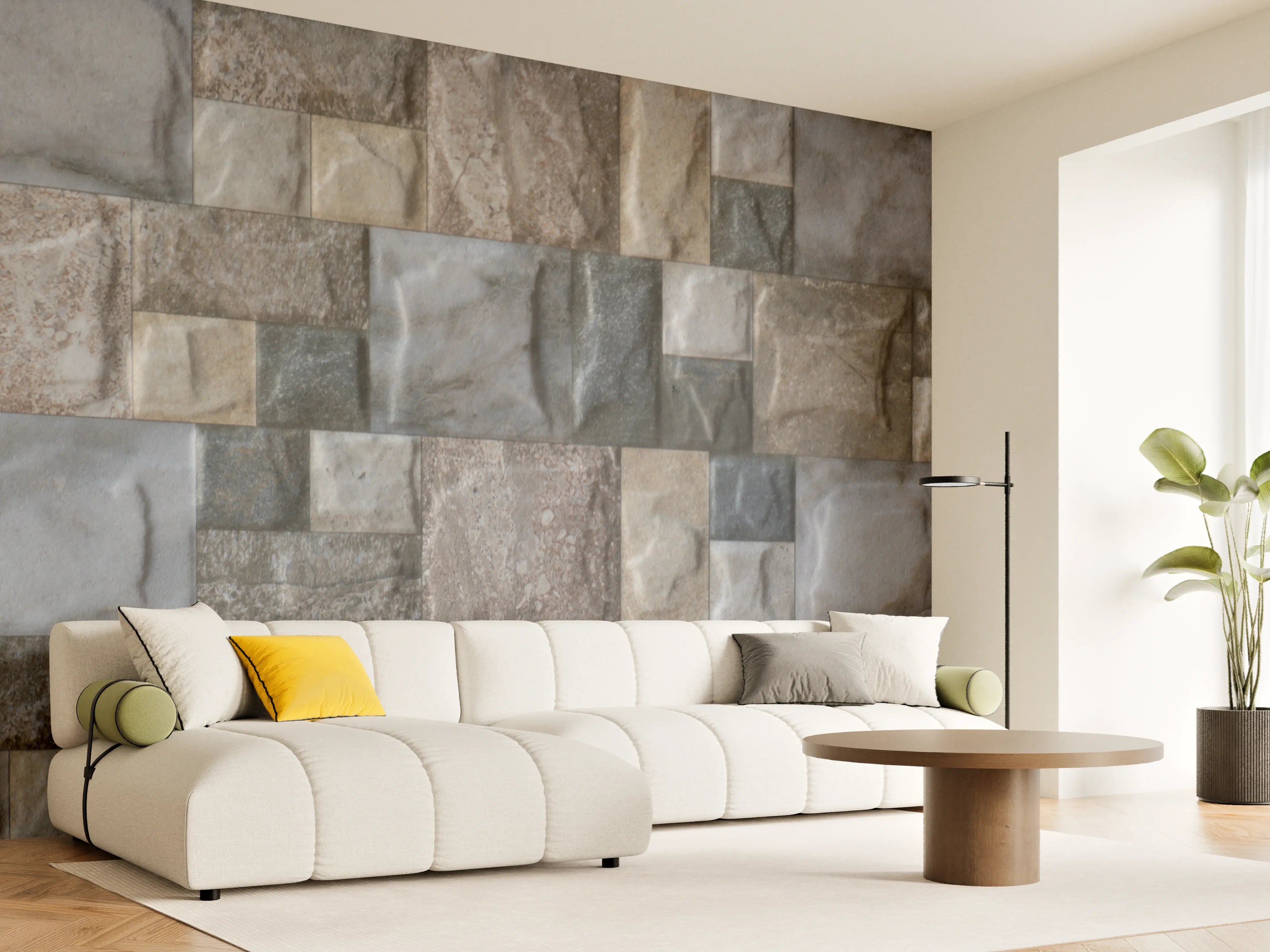 Wandverkleidung Wohnzimmer - Natursteinwand in neutralen Farben