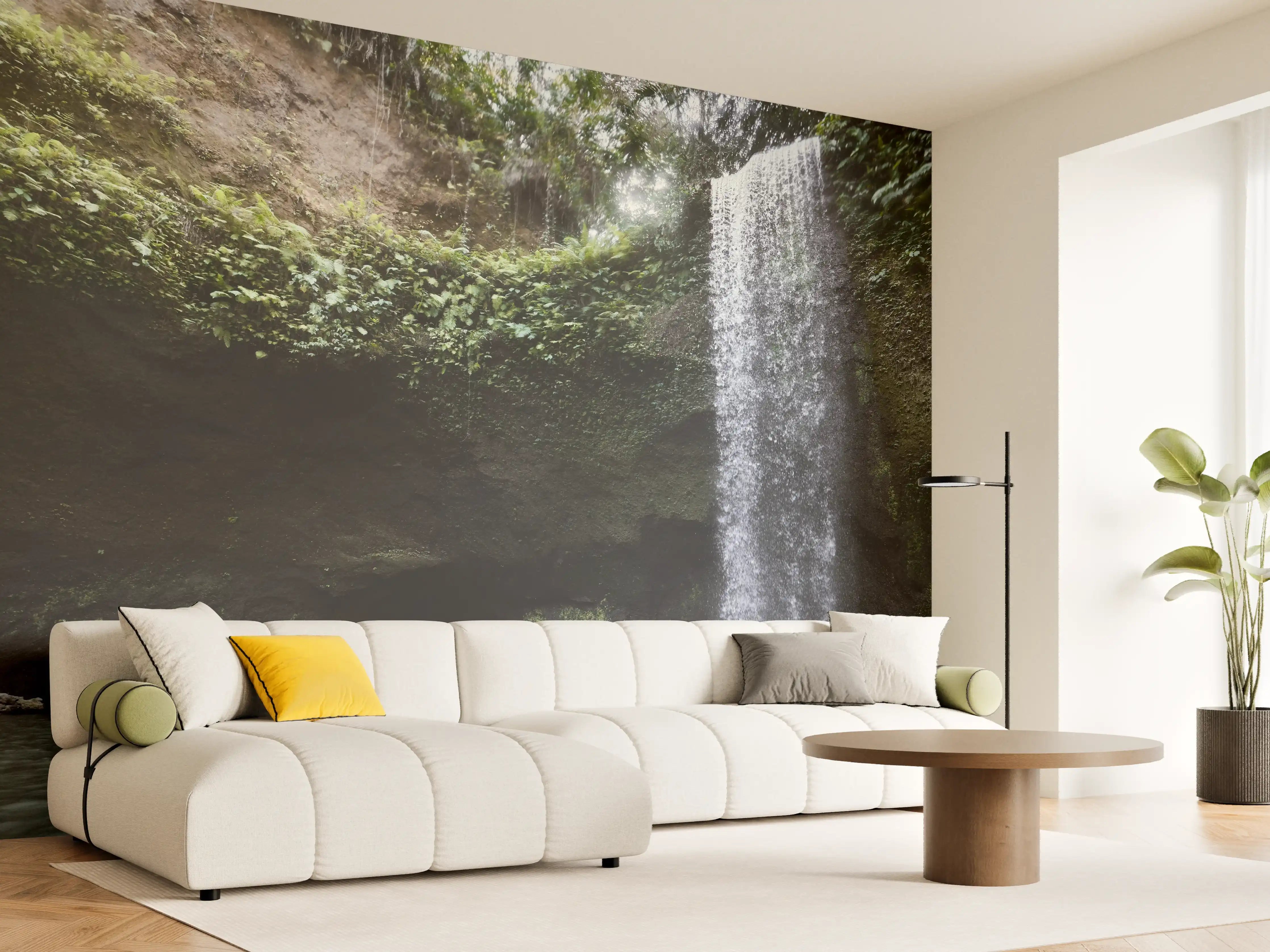 Wandverkleidung Wohnzimmer - Naturwasserfall in Grünlandschaft