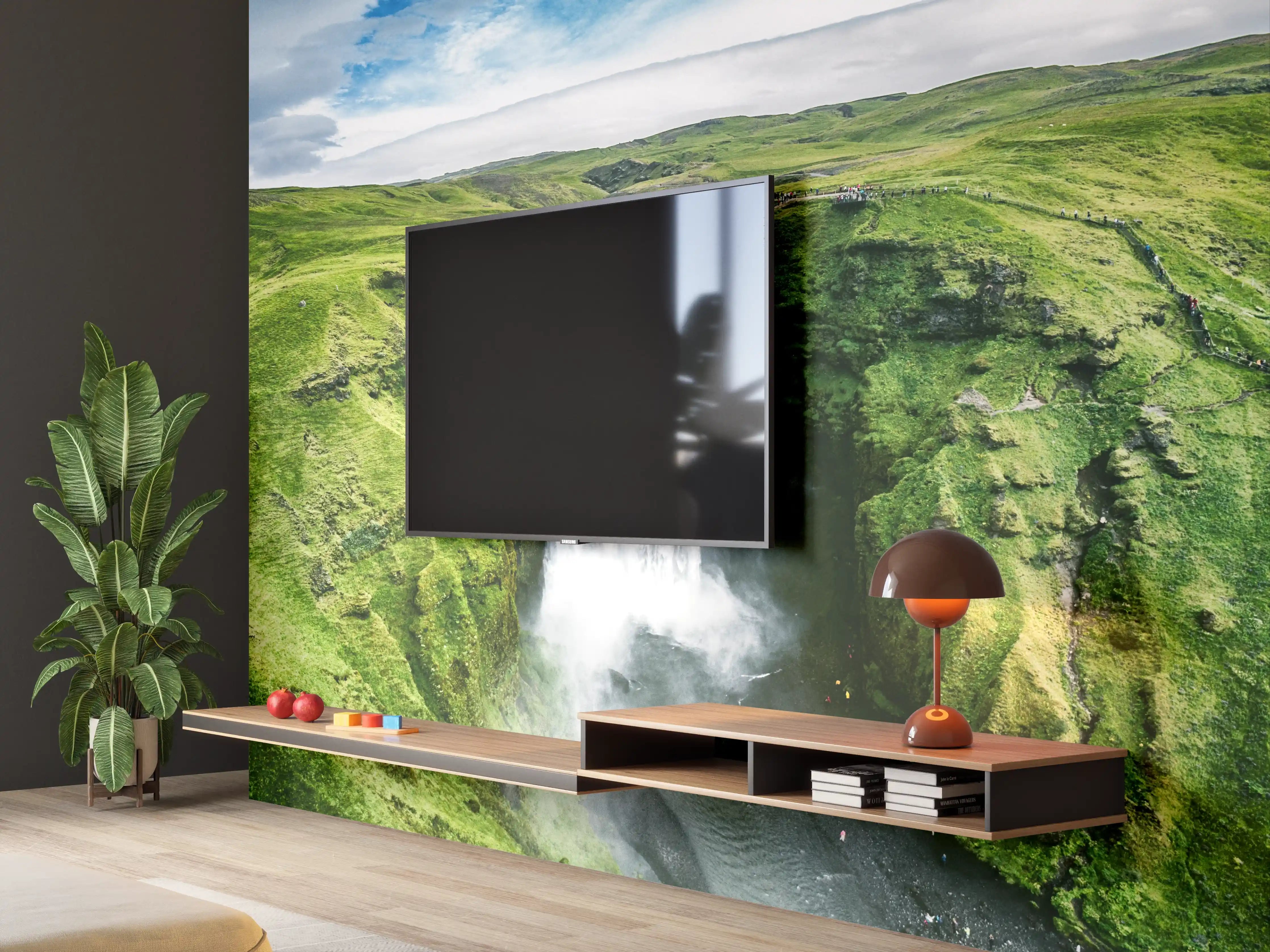 Wandverkleidung Wohnzimmer - Naturwasserfall in grüner Landschaft